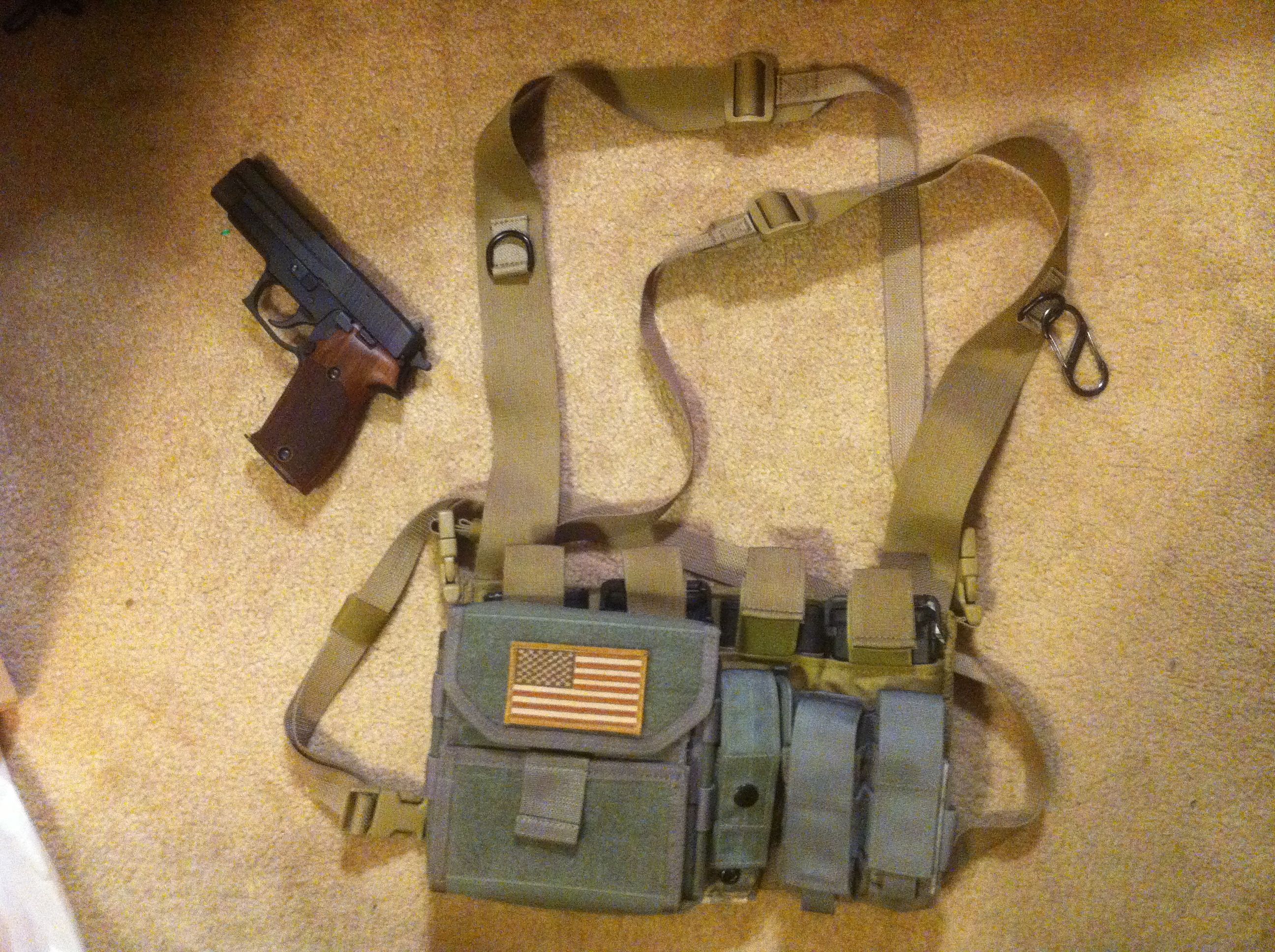 Low profile chest rig and SIG P220. 4x M4 mags behind w/ double ...
