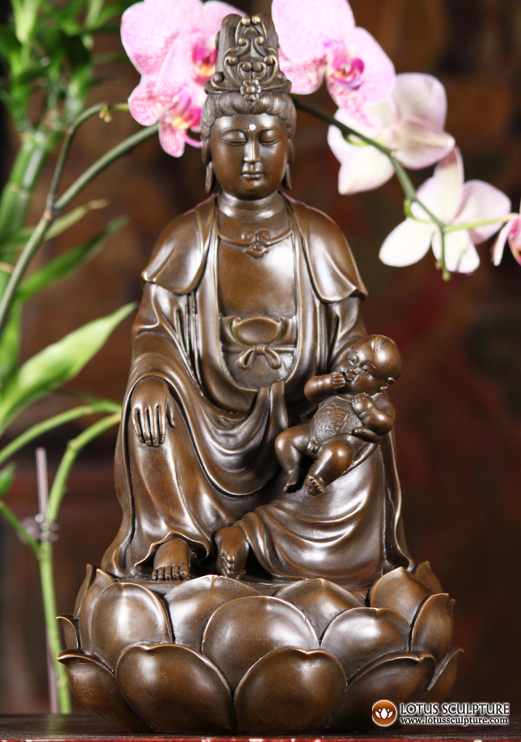 Bronze Kwan Yin With Child Statue 12