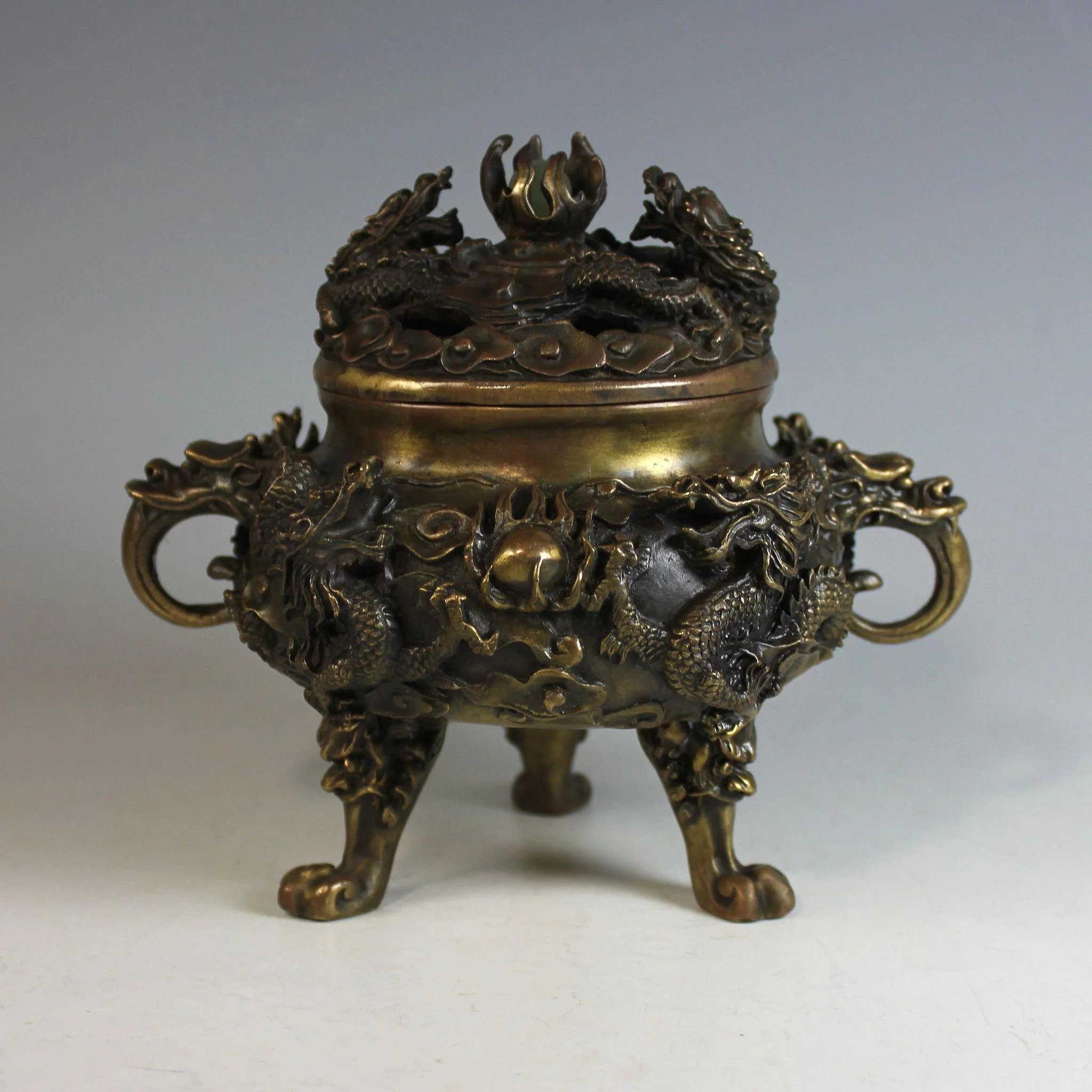 Antique Chinese Bronze Dragon Censer with Lid and Lotus Flower, Jade ...