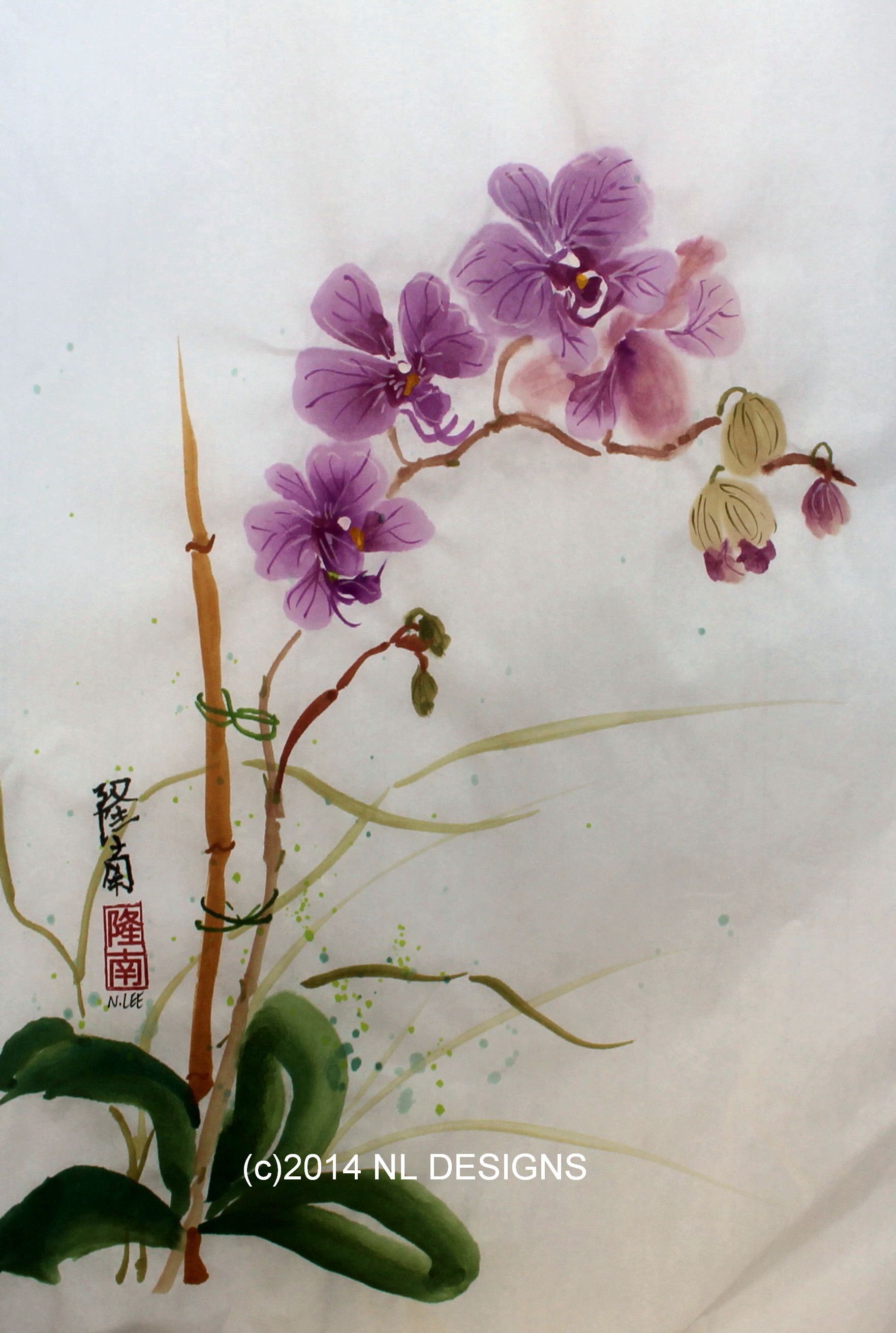 Orchid Flowers on a Bamboo Stake Painting | nldesignsbythesea ...