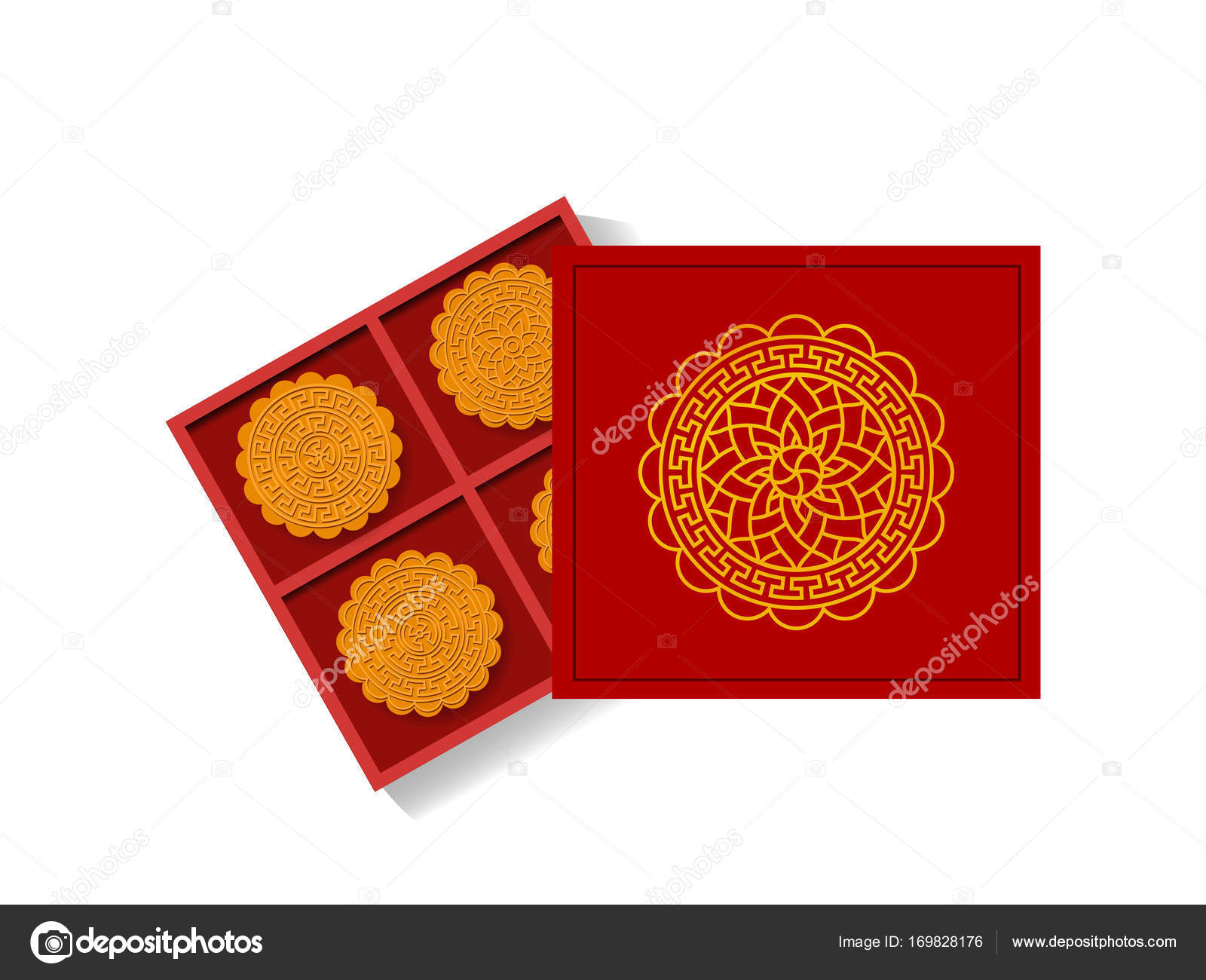 Chinese moon cake in opened gift box, top view, vector — Stock ...