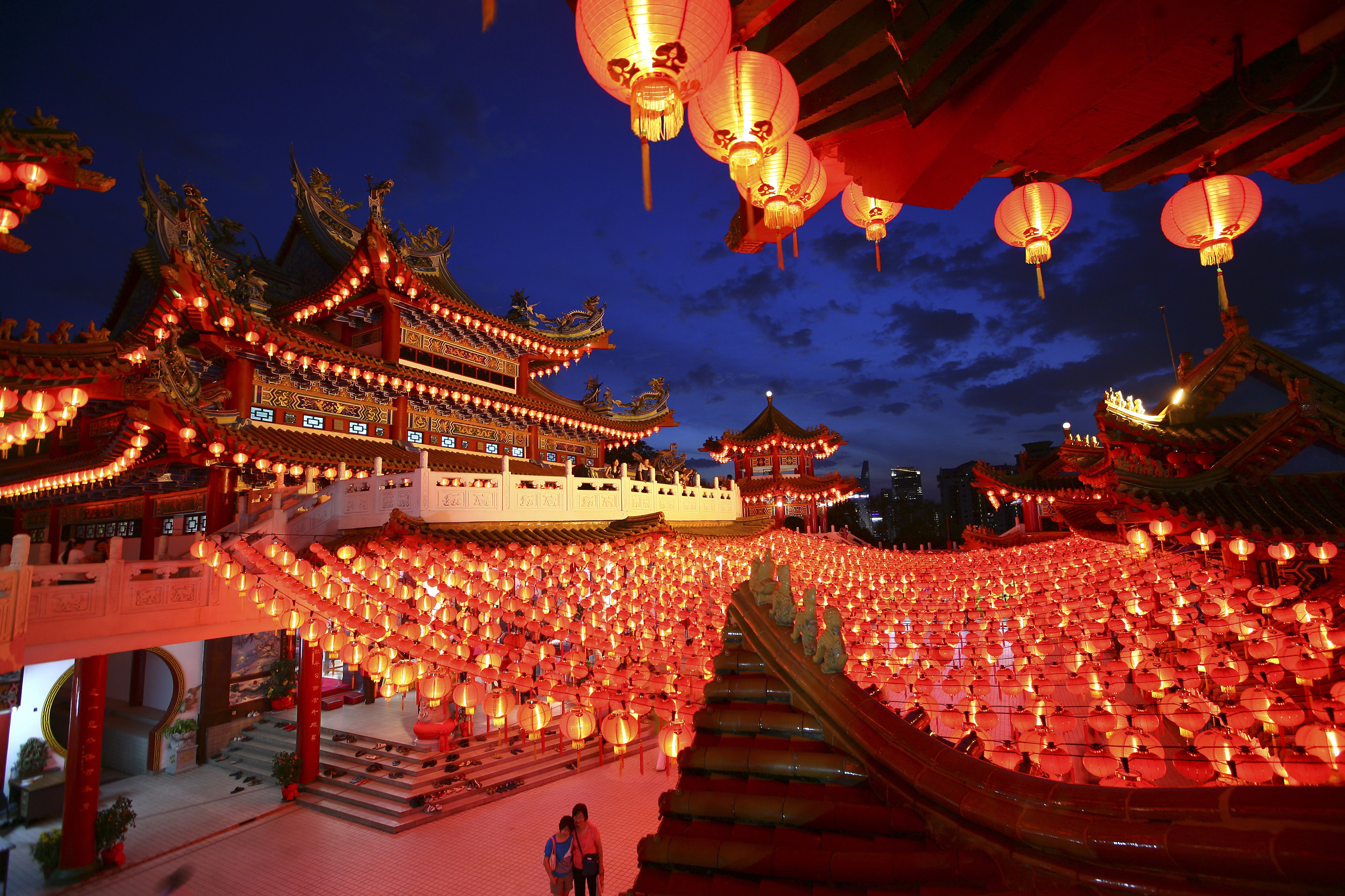 Lanterns are hung in a Chinese temple ahead of Chinese New Year ...