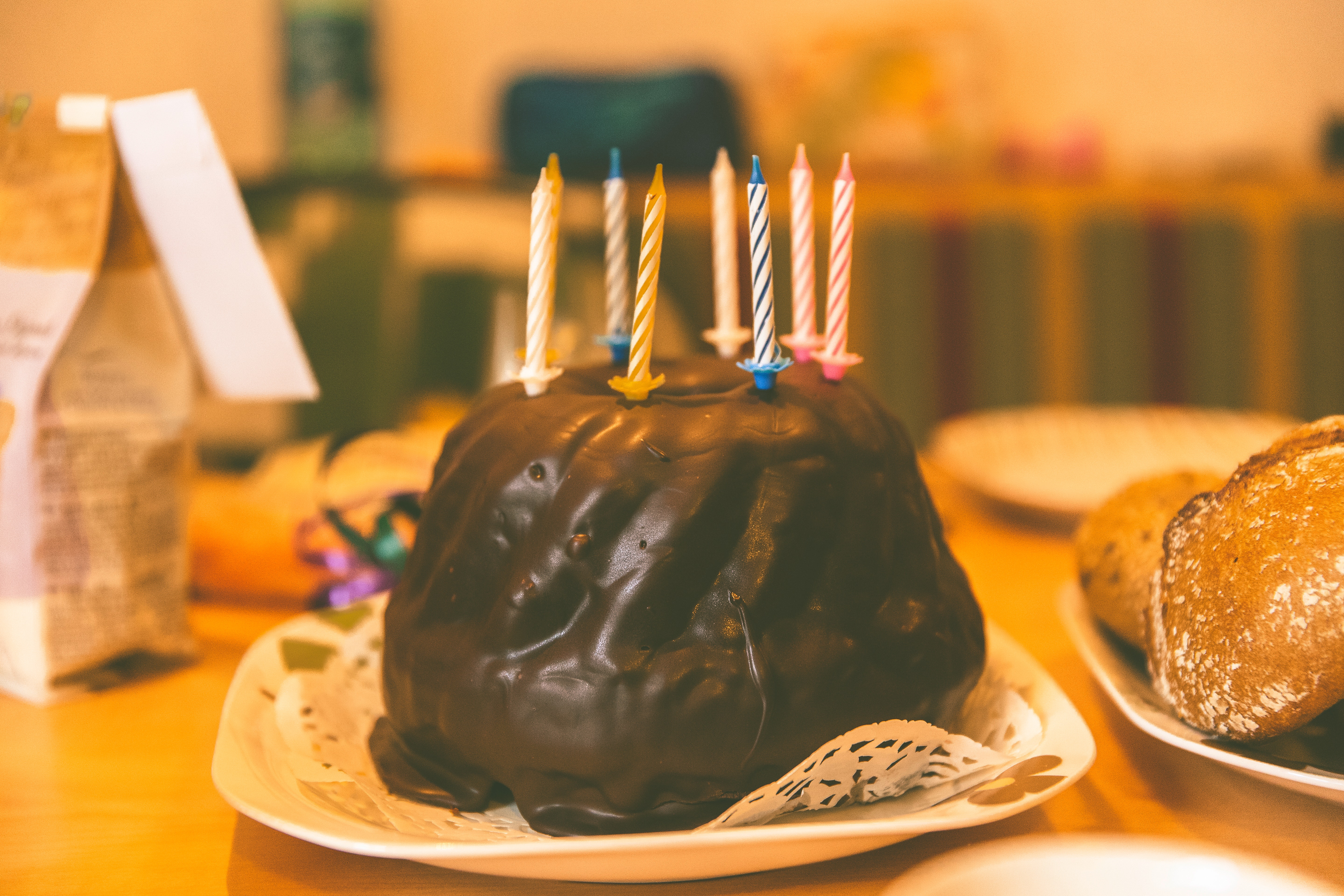 Chocolate Cake in White Ceramic Plate, Birthday, Cake, Candles, Celebration, HQ Photo