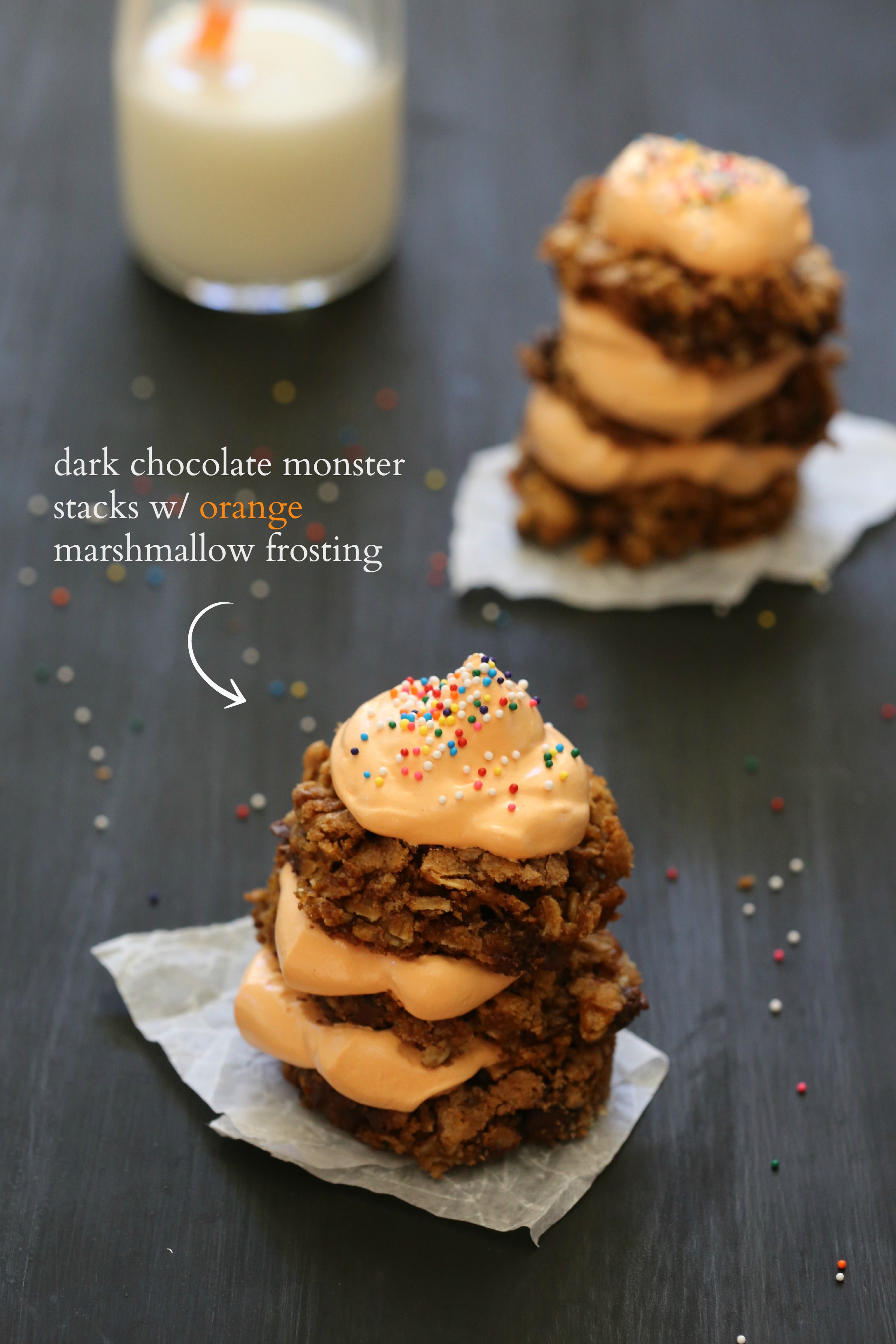 dark chocolate monster stacks with orange marshmallow frosting ...