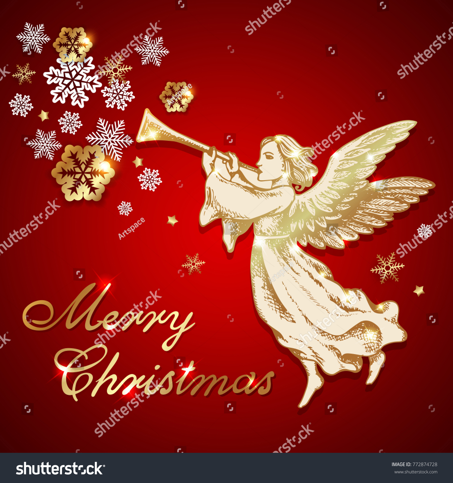 Golden Vintage Christmas Angel Blows Into Stock Photo (Photo, Vector ...