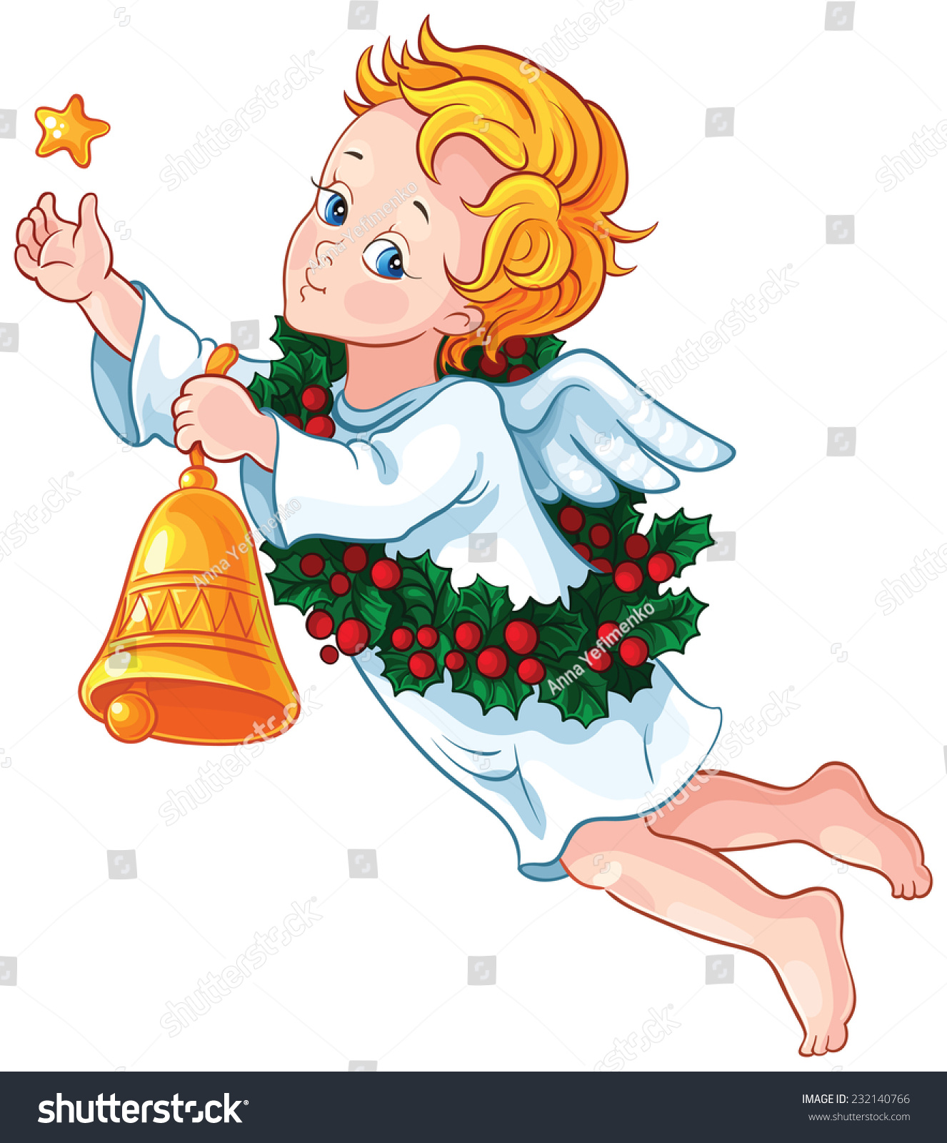 Cute Christmas Angel Star Bell Wreath Stock Photo (Photo, Vector ...