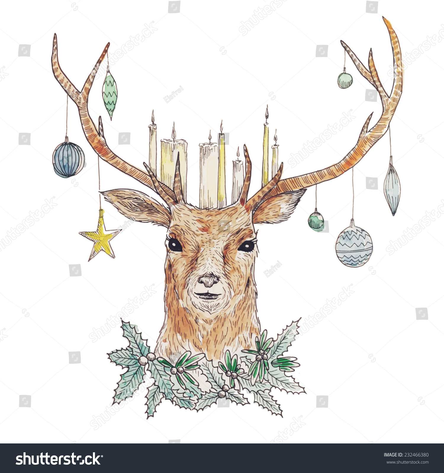 Graphic Christmas Deer Portrait Candles Mistletoe Stock Photo (Photo ...