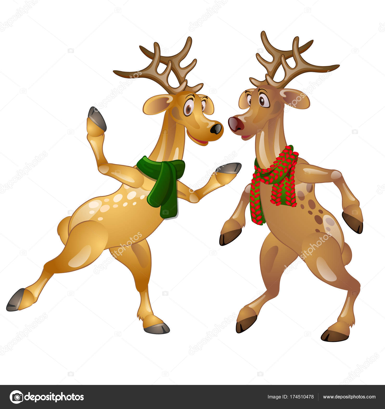Figures of dancing Christmas deer in scarves. Funny cartoon animal ...