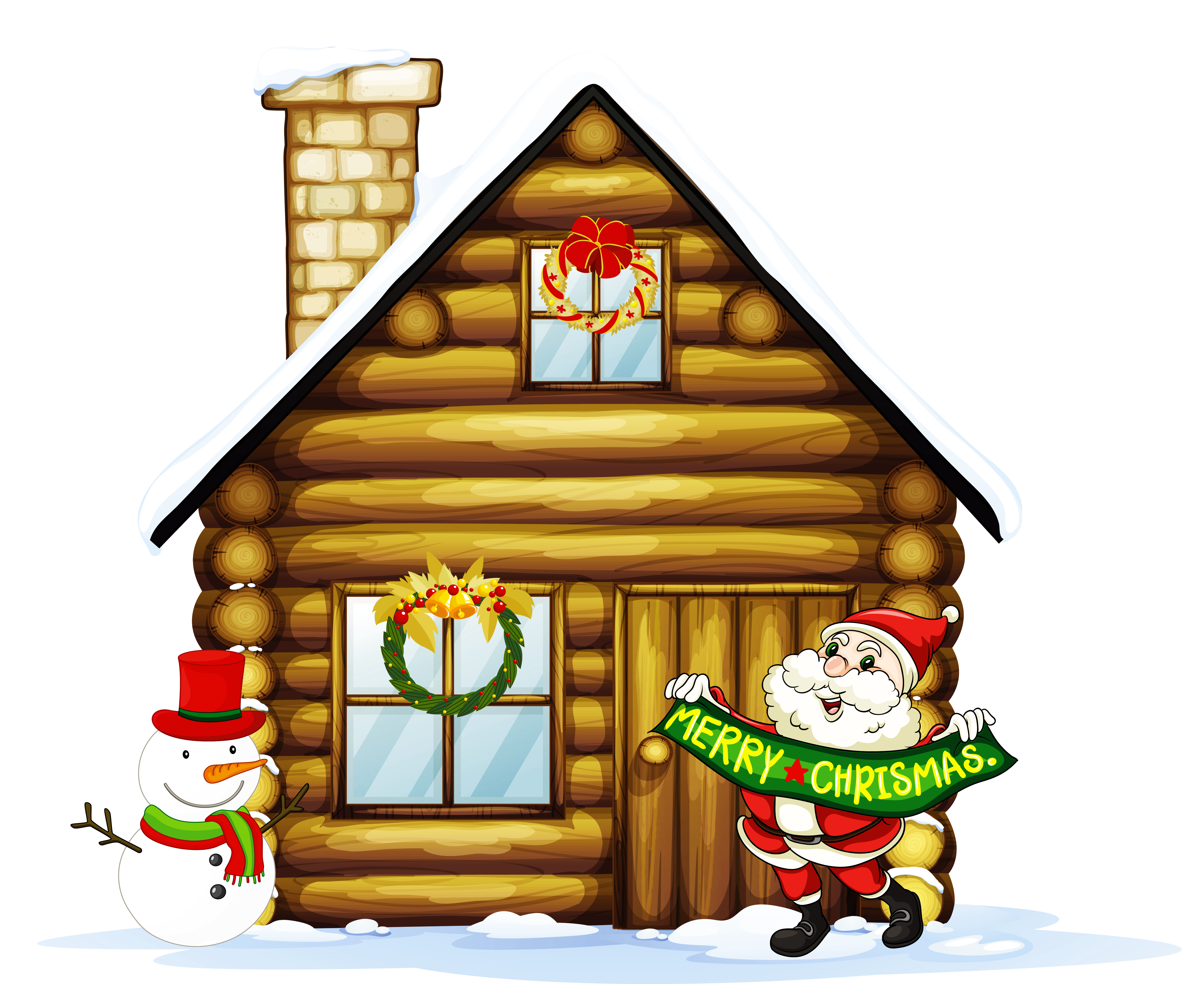 Transparent Christmas House with Santa and Snowman Clipart ...