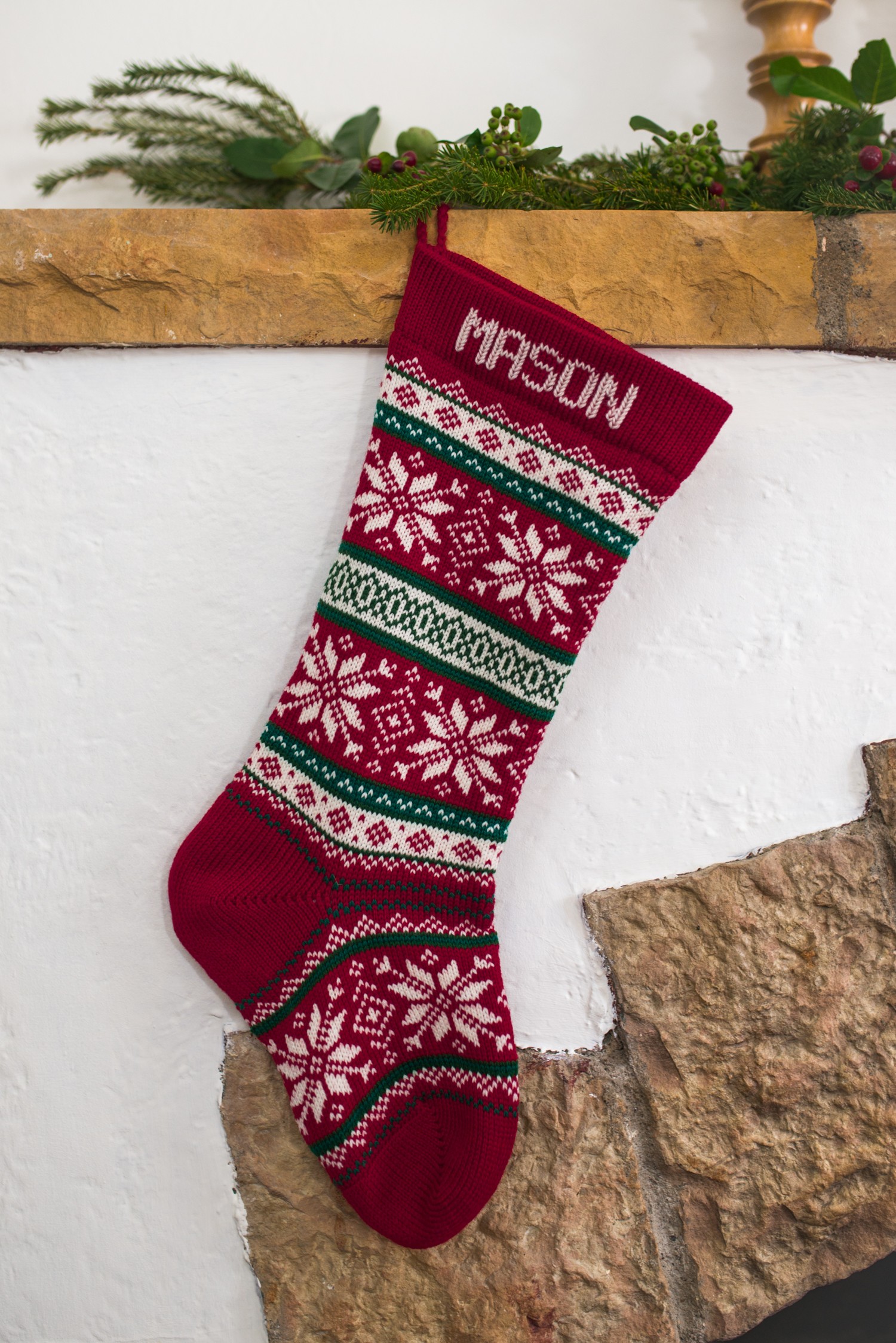 Personalized Wool Christmas Stocking Red Nordic Snowflakes