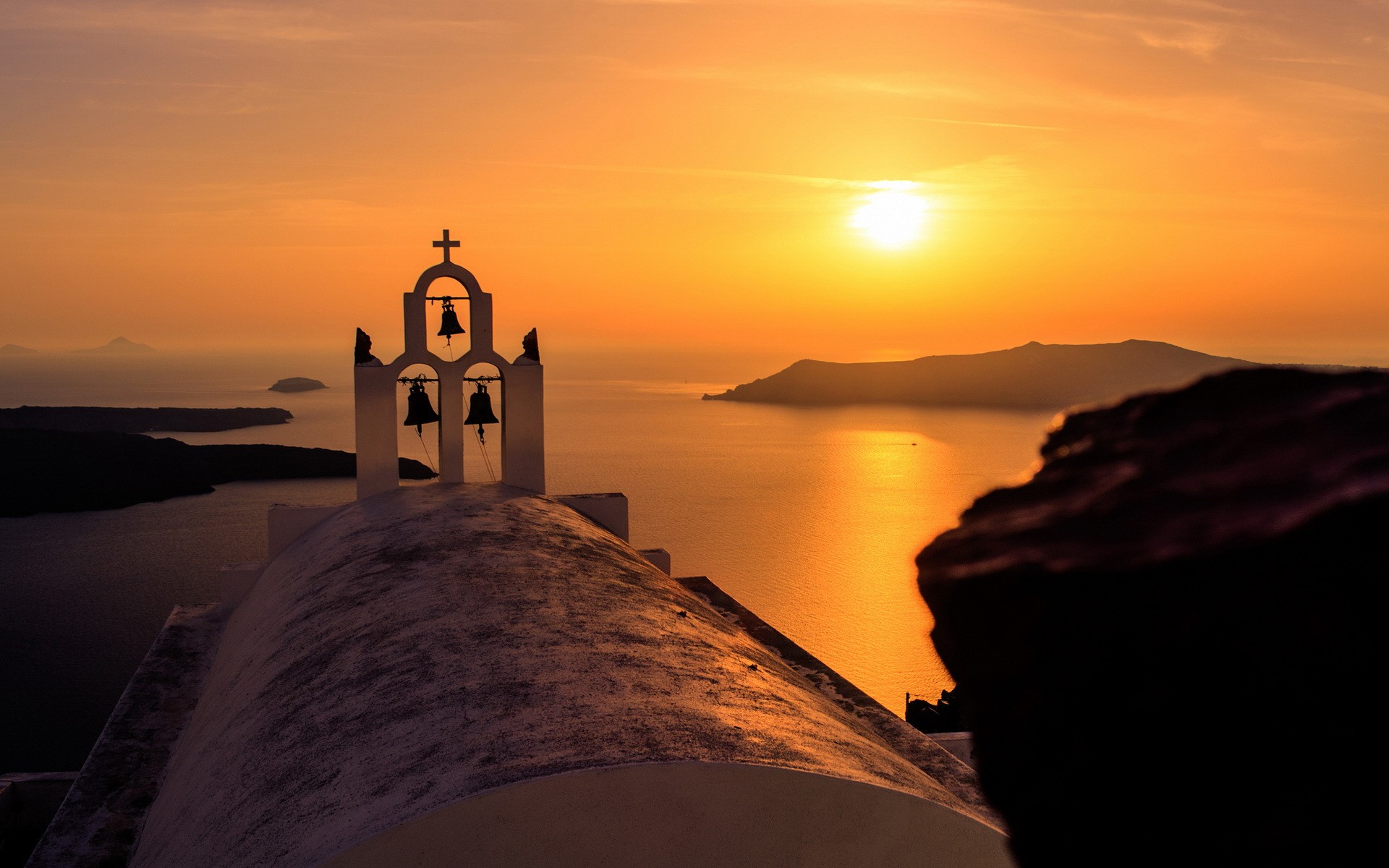 Sunset Church Greek Isle Island Sea Bell Tower Earth Free Desktop ...