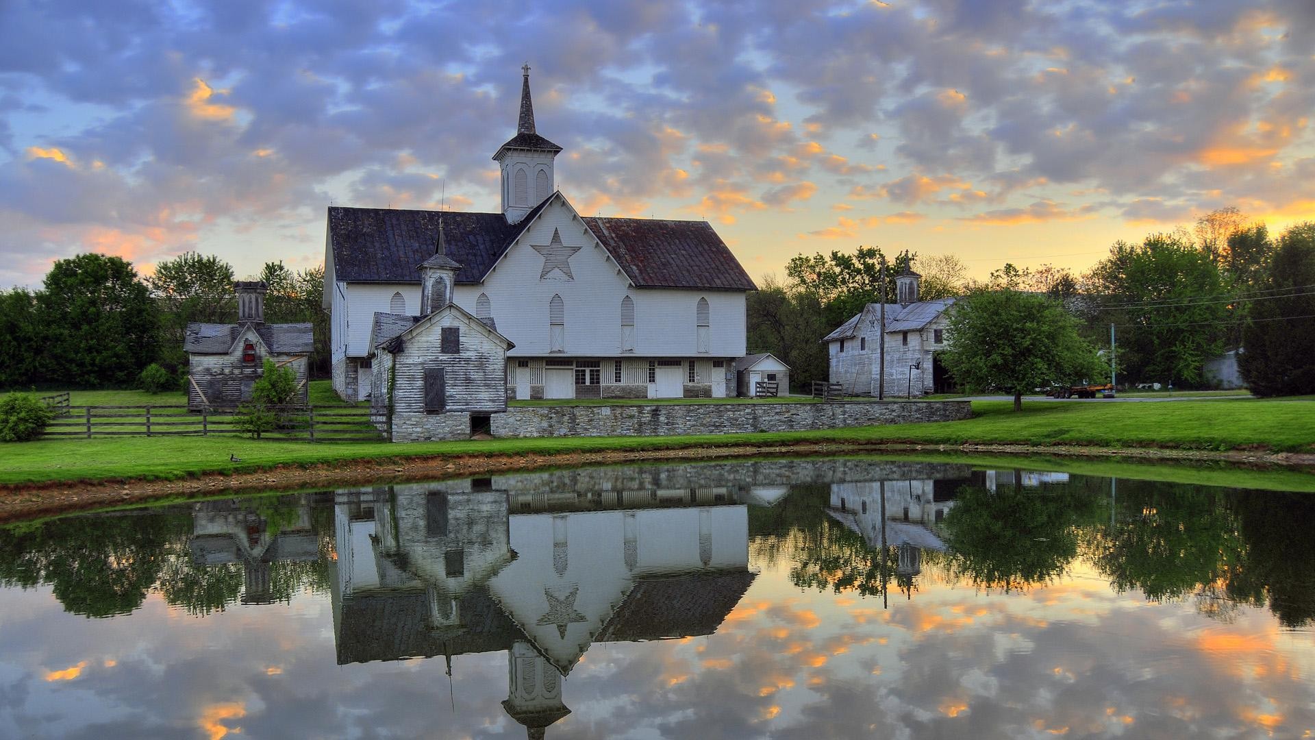 Religious: Reflection Lovely Country Church Nature Pond Town Gallery ...