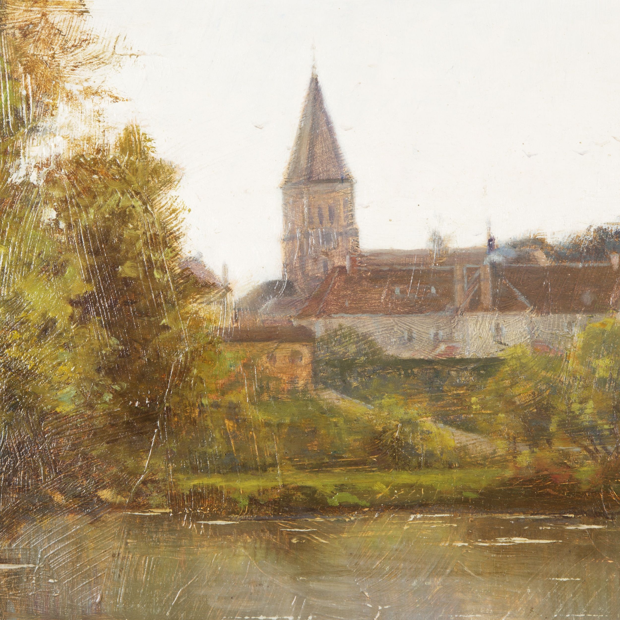 Jean Laronze. Landscape with Lake and Village with Church Bell Tower ...