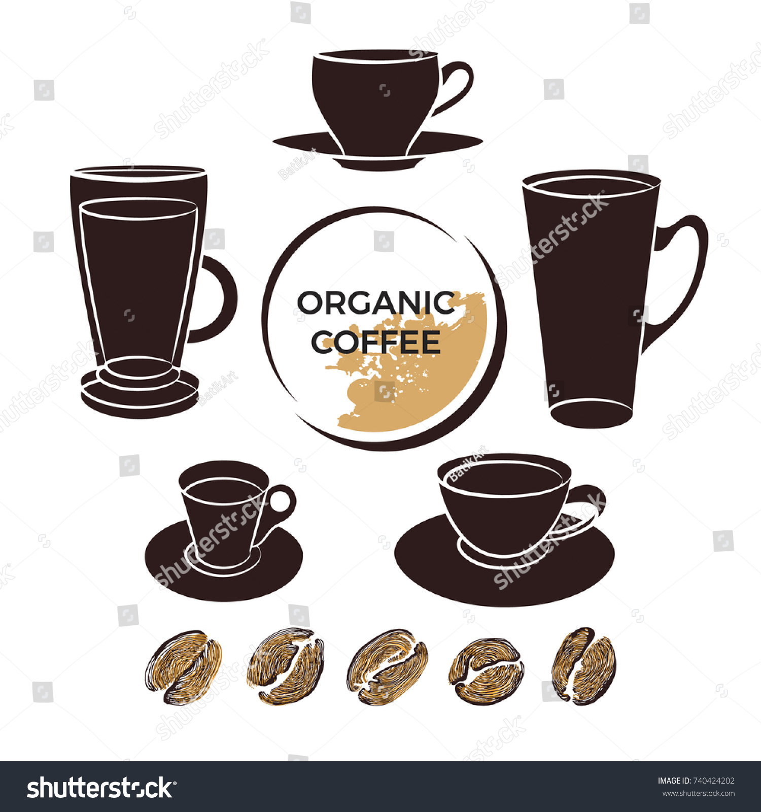 Set Coffee Cups Realistic Beans Silhouette Stock Photo (Photo ...
