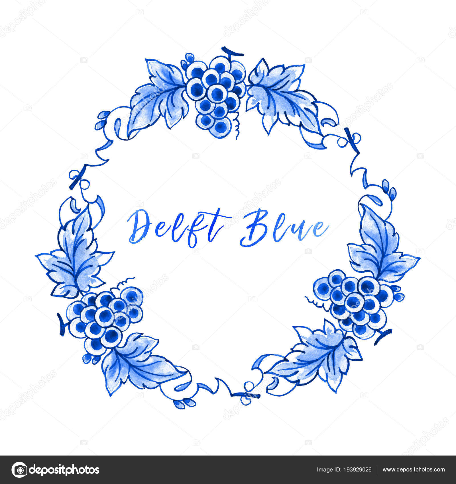 Delft Blue Style Watercolour Circular Floral Border Wreath Design ...