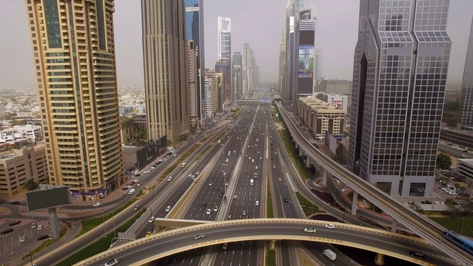 futuristic city landscape with roads, cars, trains, skyscrapers in ...