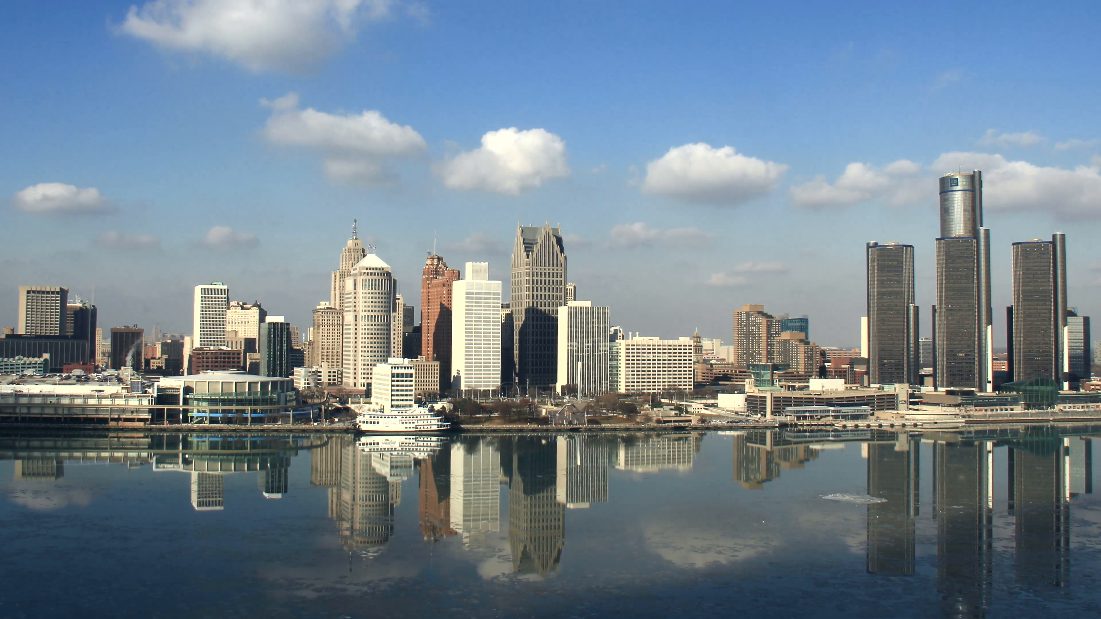 Detroit Skyline Afternoon Time Lapse 1. Detroit city skyline during ...