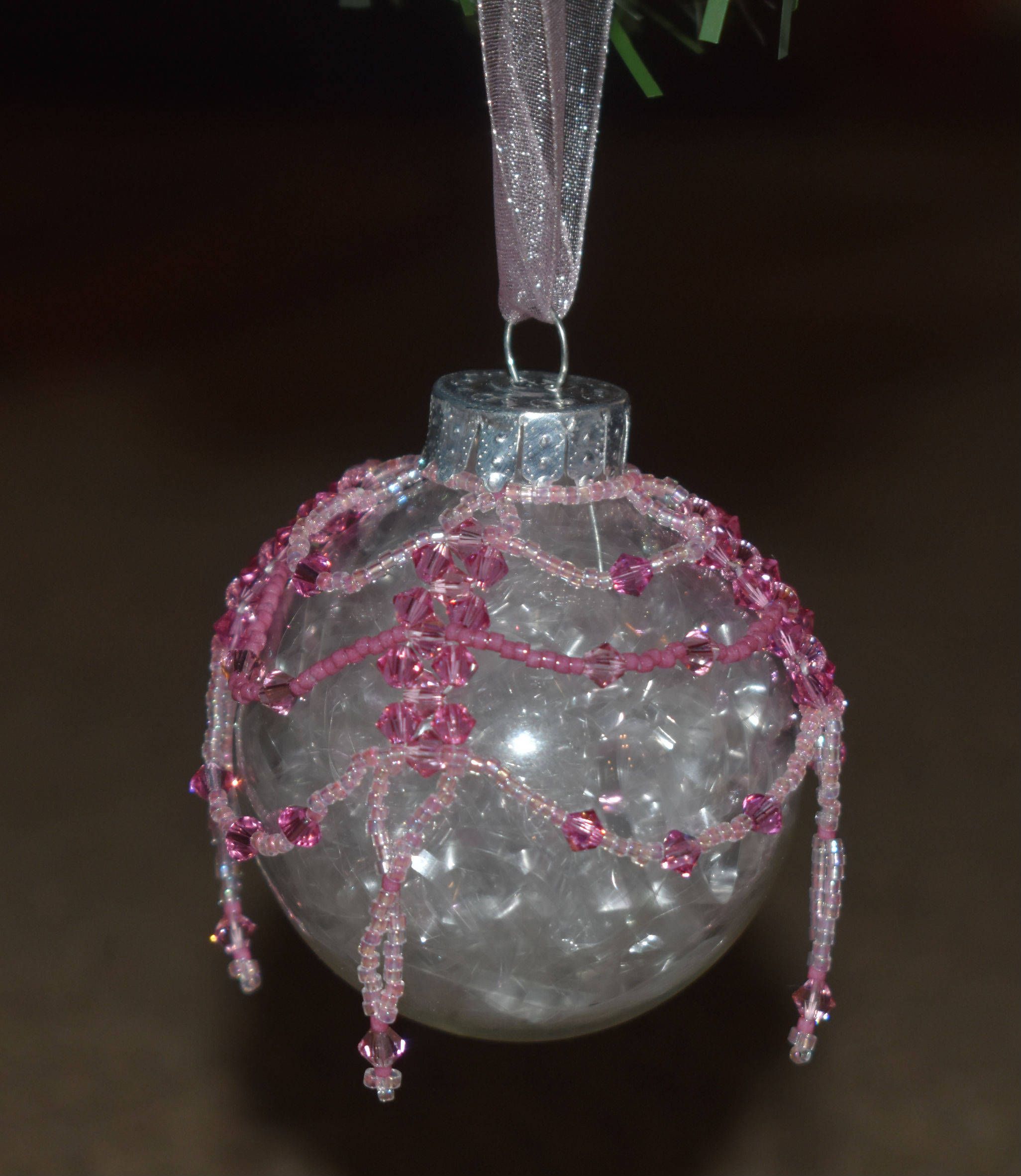 Small Clear Ornament with Pink Ribbon, Pink Delica Seed Beads, and ...