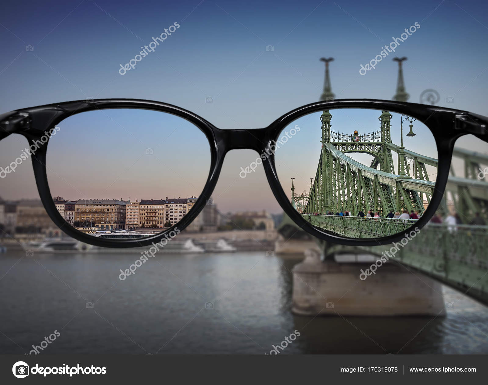 Clear vision through glasses over river bridge landscape — Stock ...