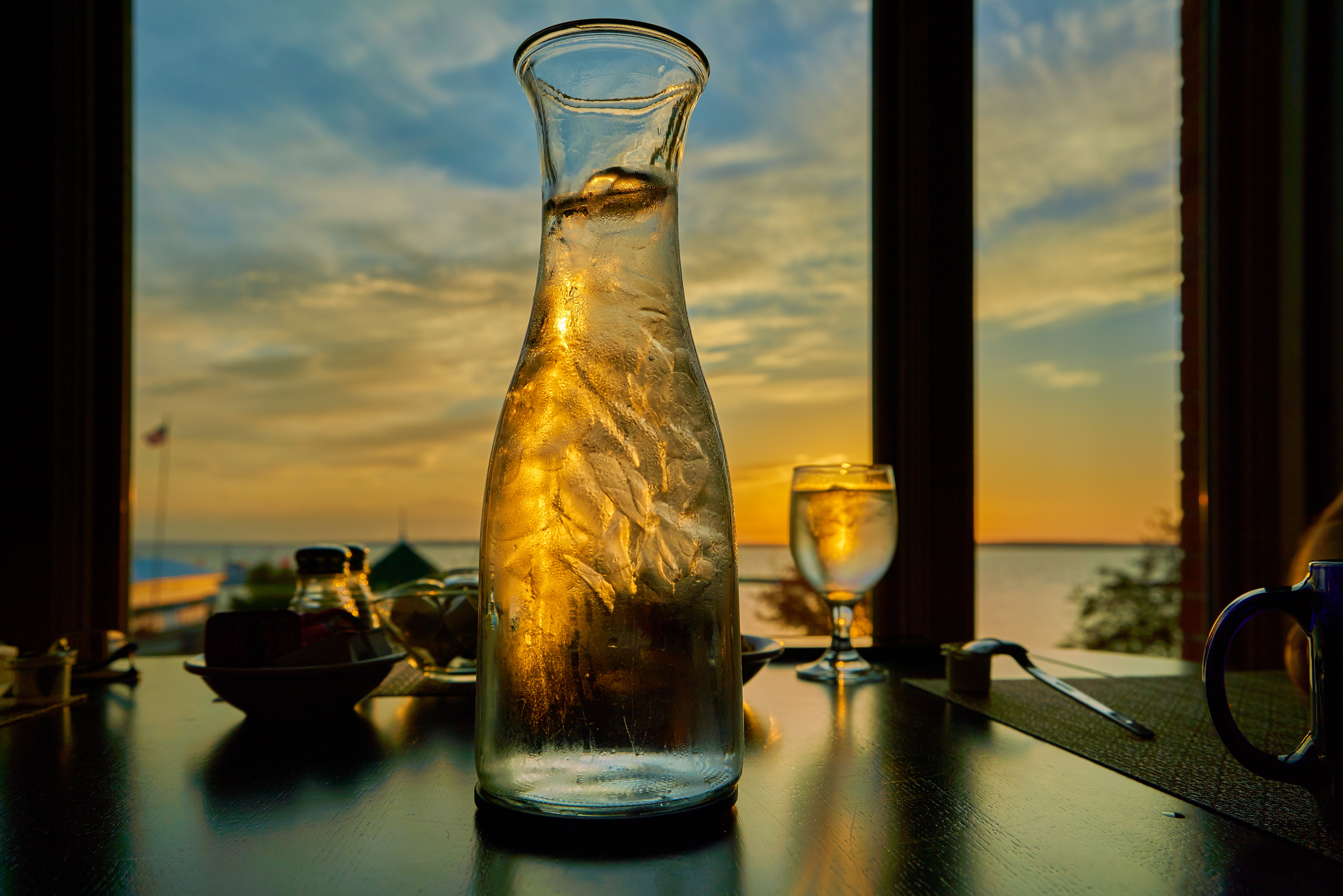 Clear Wine Glass and Clear Glass Pitcher, Bottle, Light, Window, Water, HQ Photo