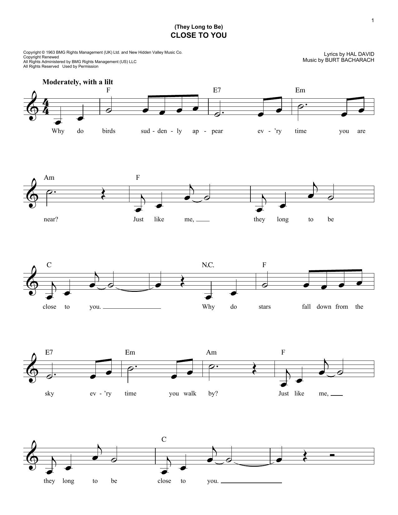 They Long To Be) Close To You chords by Carpenters (Melody Line ...