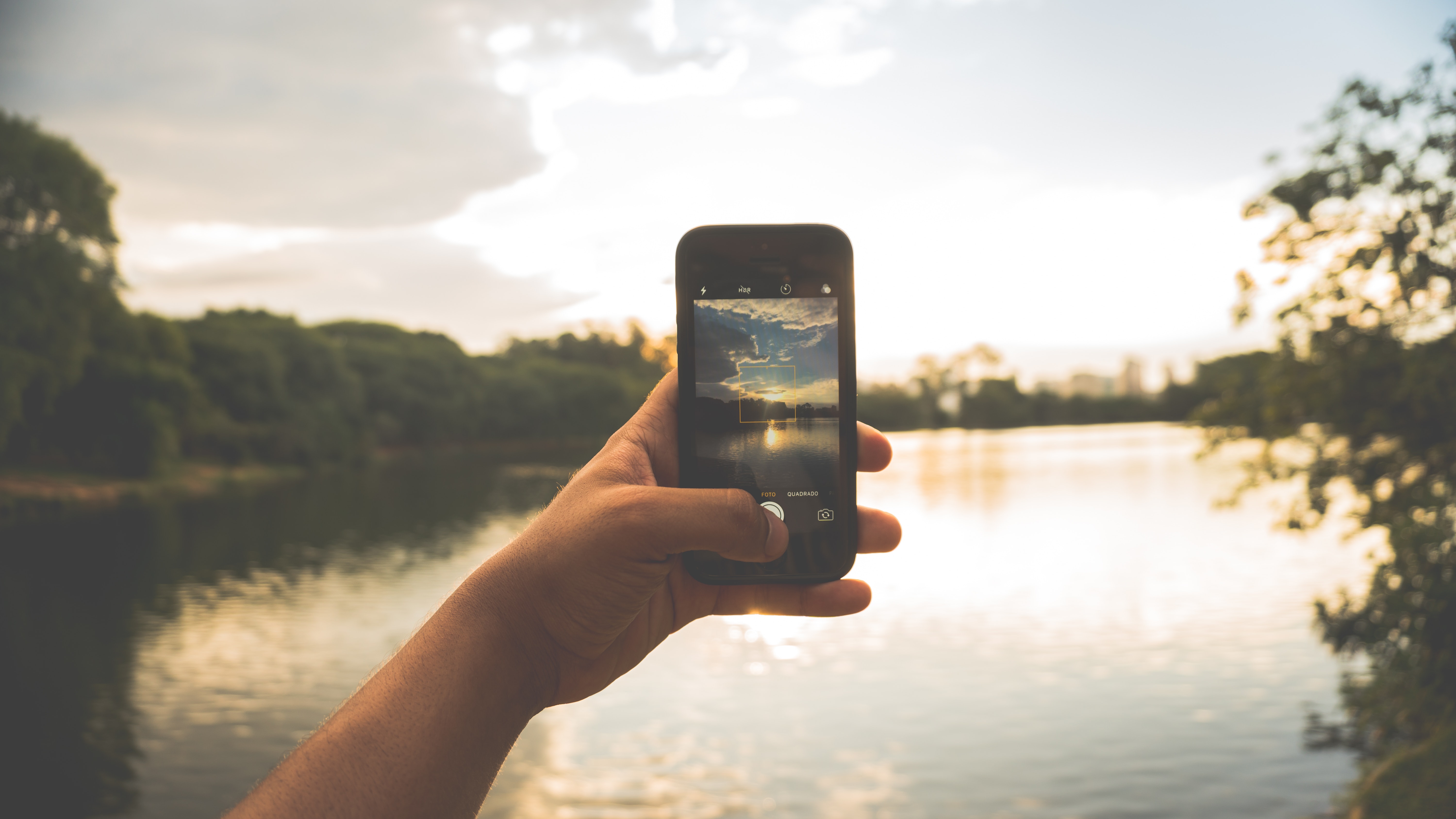 Close-up of Hand Holding Mobile Phone Against Lake, Mobile phone, Trees, Travel, Technology, HQ Photo