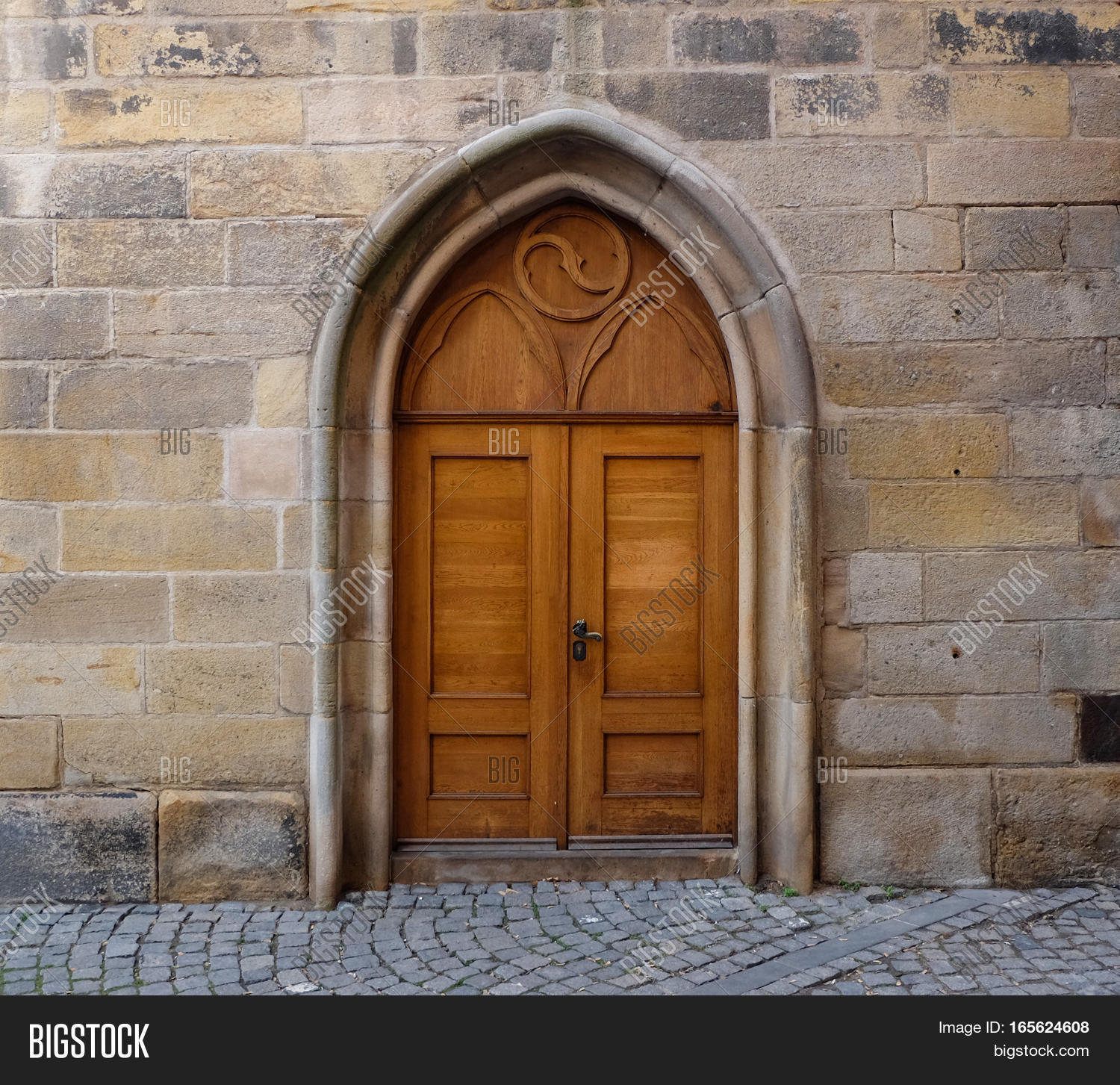 Closed Wooden Double Door Stone Image & Photo | Bigstock