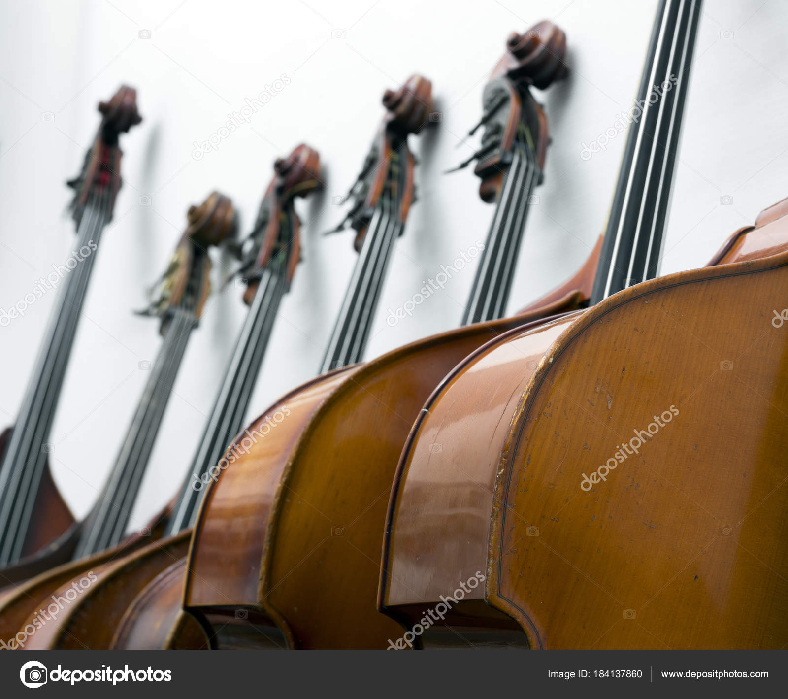 closeup of row of double basses resting against a wall — Stock Photo ...
