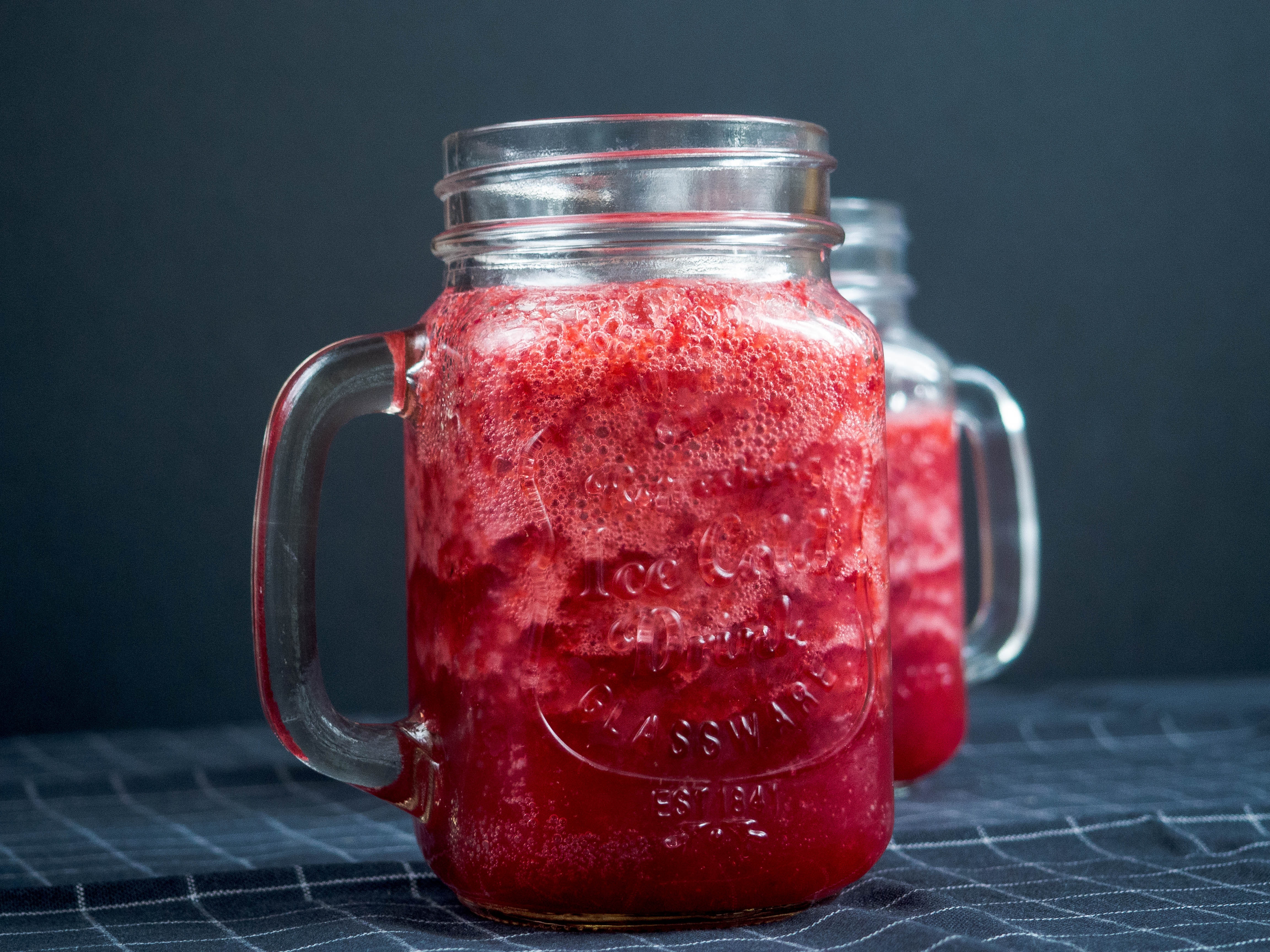 Closeup Photography of Two Clear Glass Jar Filled With Red Liquid on Top of Blue and White Tattersal Textile, Background, Mason jar, Healthy, Homemade, HQ Photo