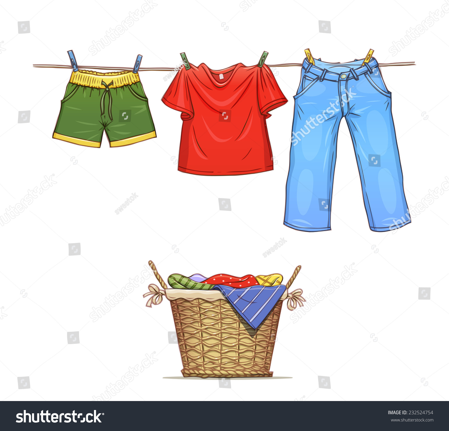 Clothes On Rope Basket Wear Vector Stock Vector 232524754 - Shutterstock