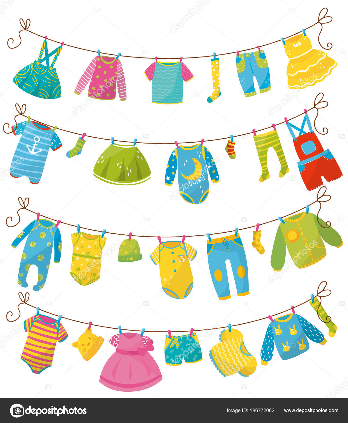 Flat vector set of kids clothes on rope. Apparel for newborn boy or ...