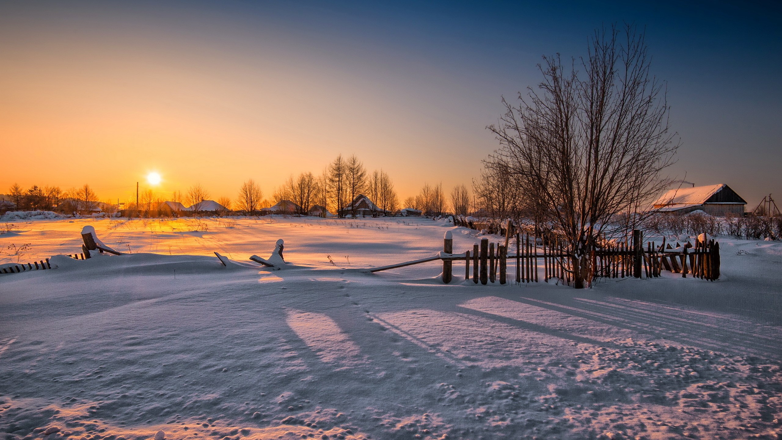 Winter: Cold Winter Day Snow Sunset Trees Landscape Sun Cottages ...
