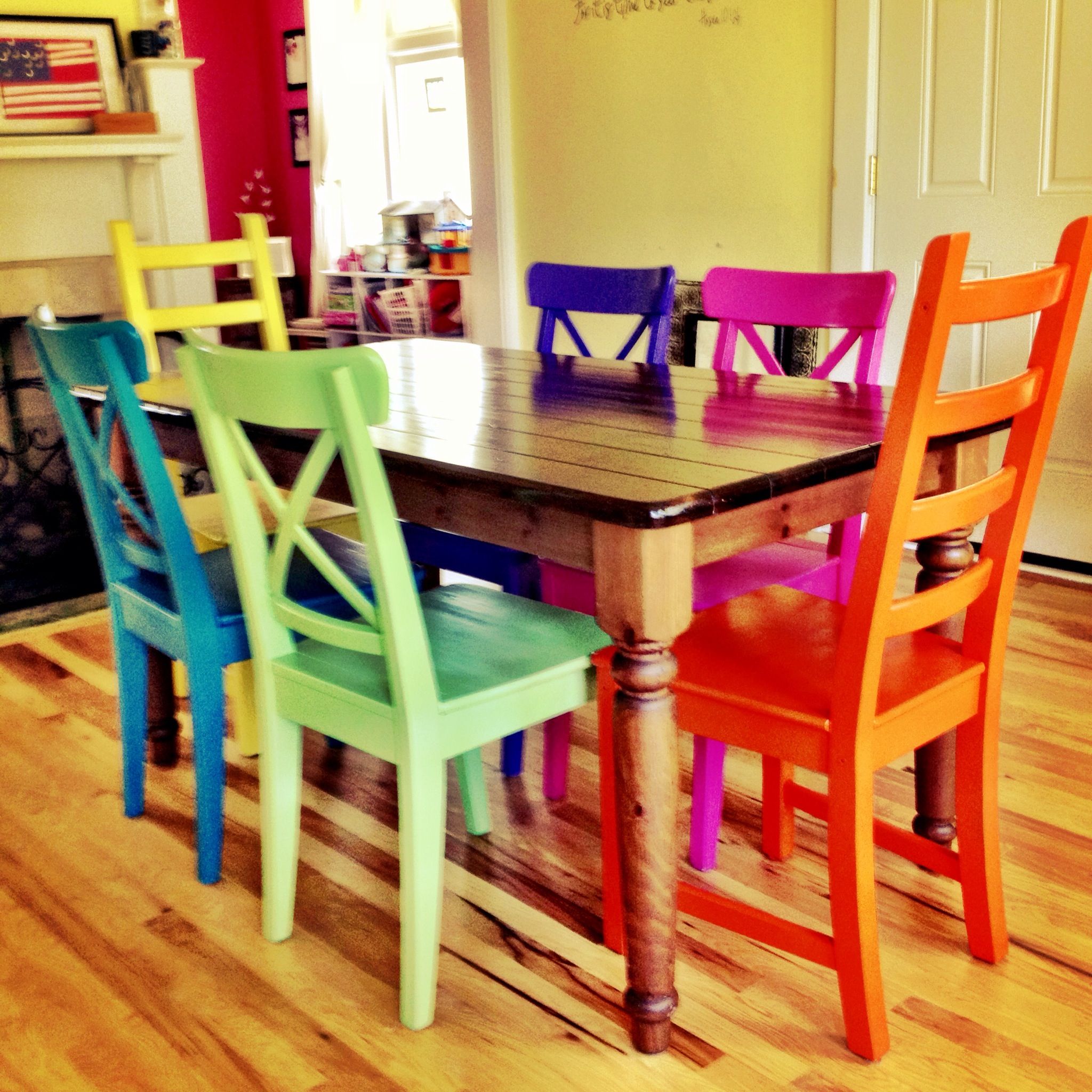 Rustoleum spray-painted chairs - these remind me of all the colored ...