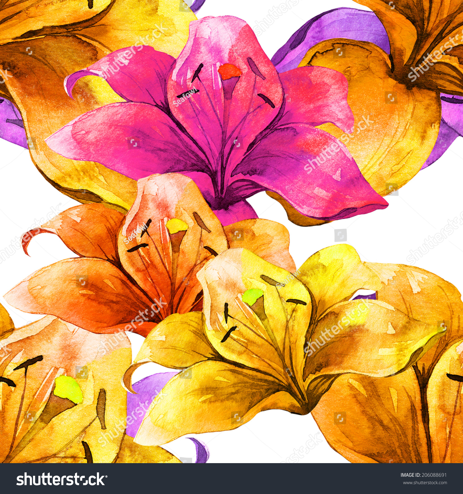 Watercolor Handmade Colorful Lilly Flowers Seamless Stock ...