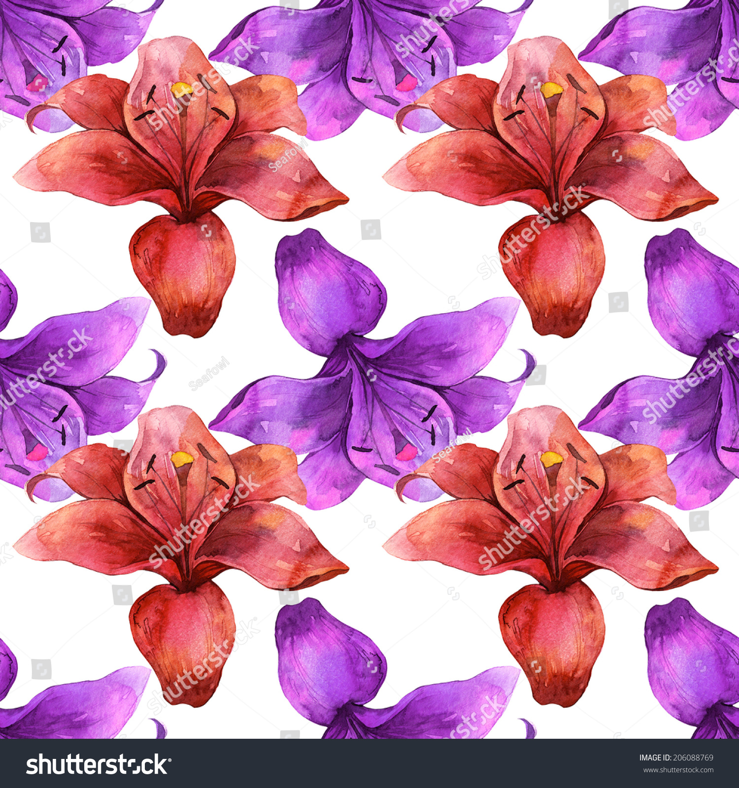 Watercolor Handmade Colorful Lilly Flowers Seamless Stock ...
