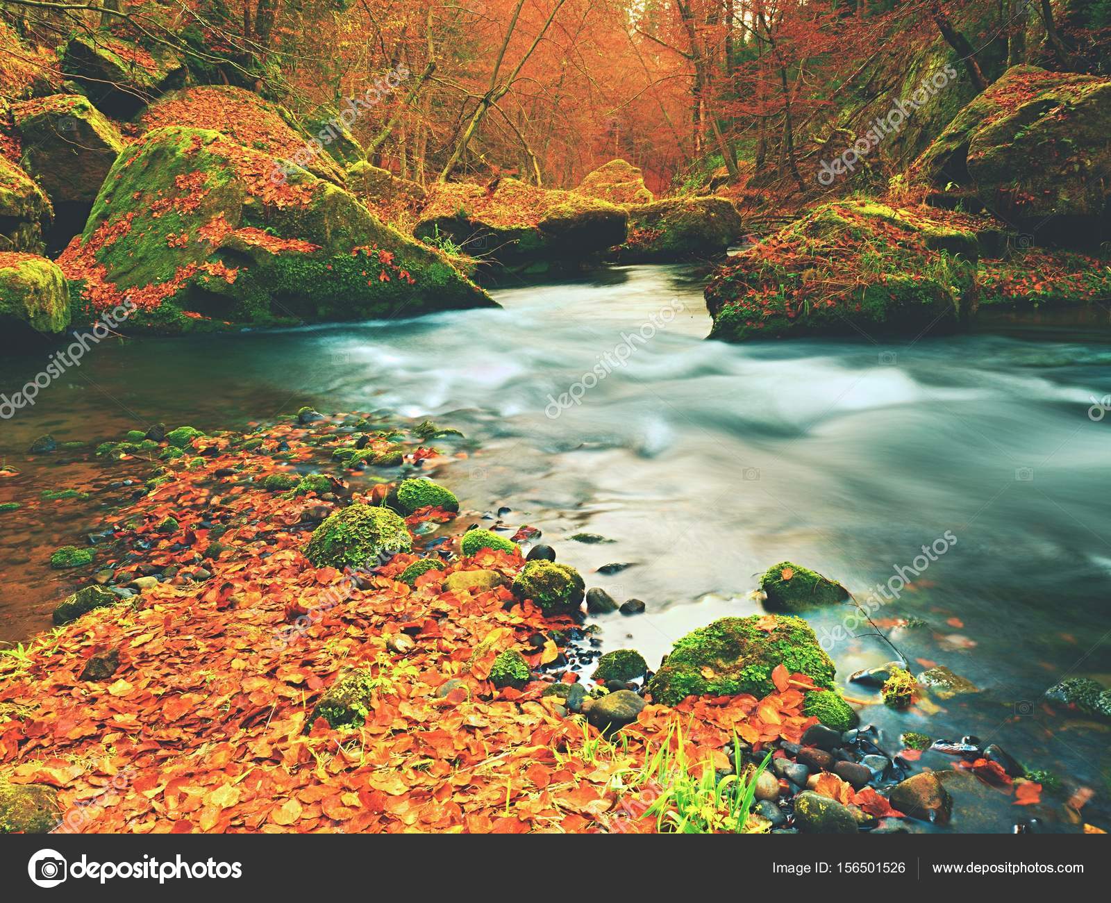 Fall in nature. Colors of autumn mountain river. Colorful gravel ...