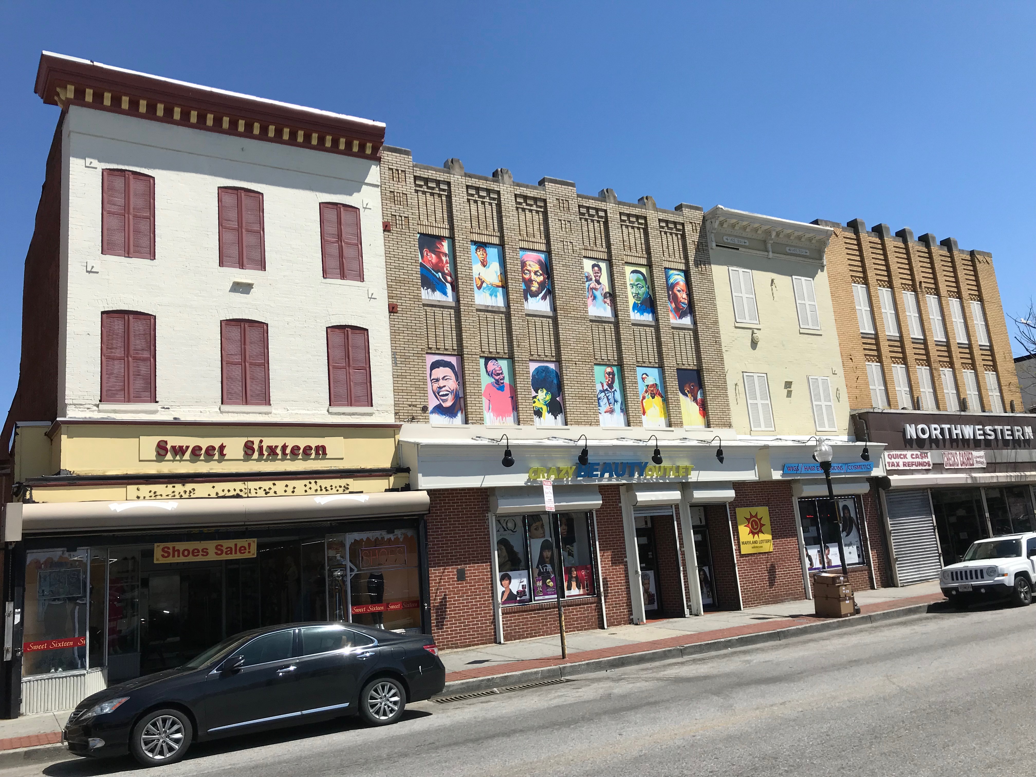 Commercial buildings (Sweet Sixteen/Crazy Beauty Outlet), 1700 block of Pennsylvania Avenue (east side), Baltimore, MD 21217, Baltimore, Building, Car, Commercial building, HQ Photo