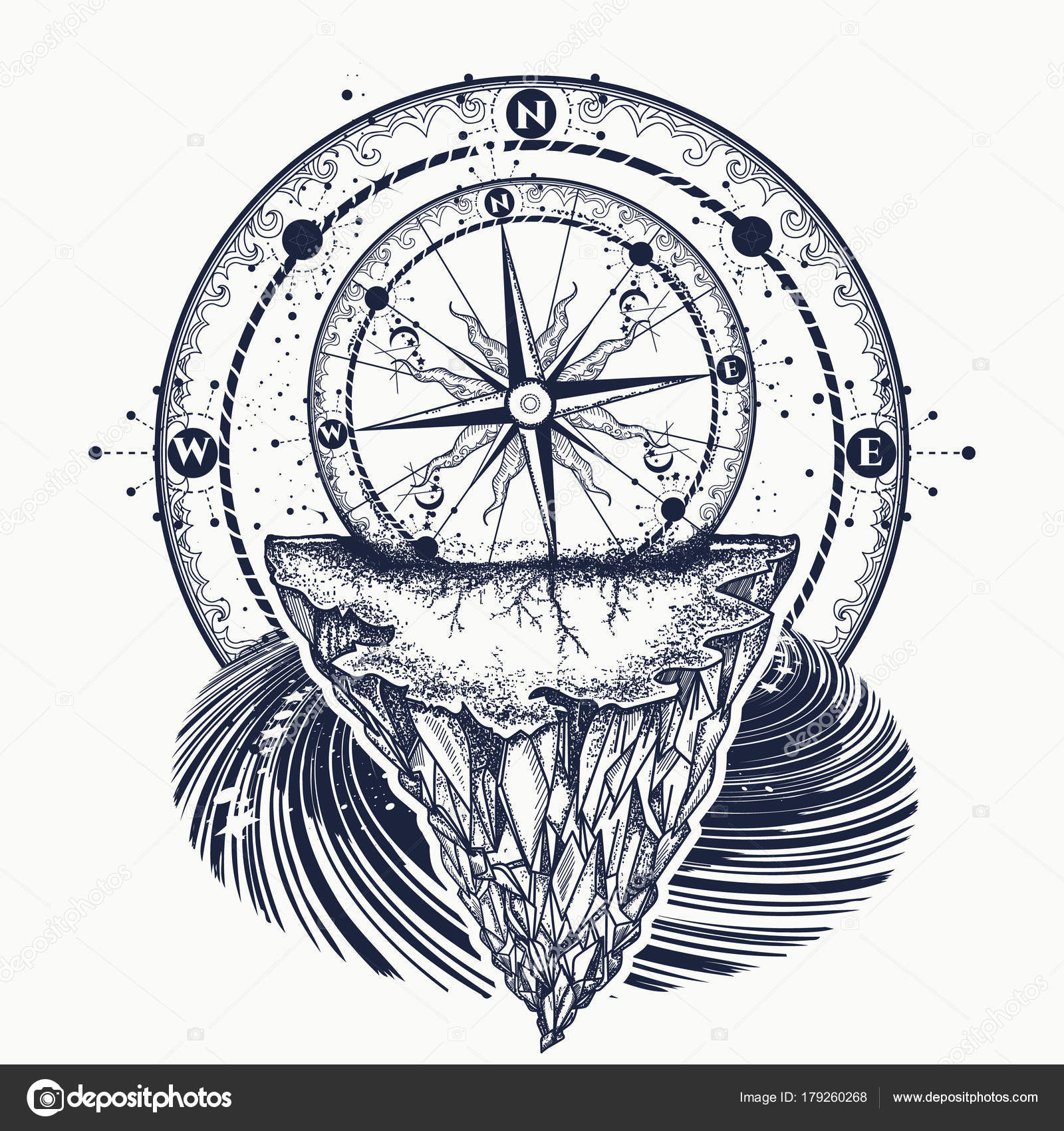 Compass and mountains tattoo and t-shirt design — Stock Vector ...