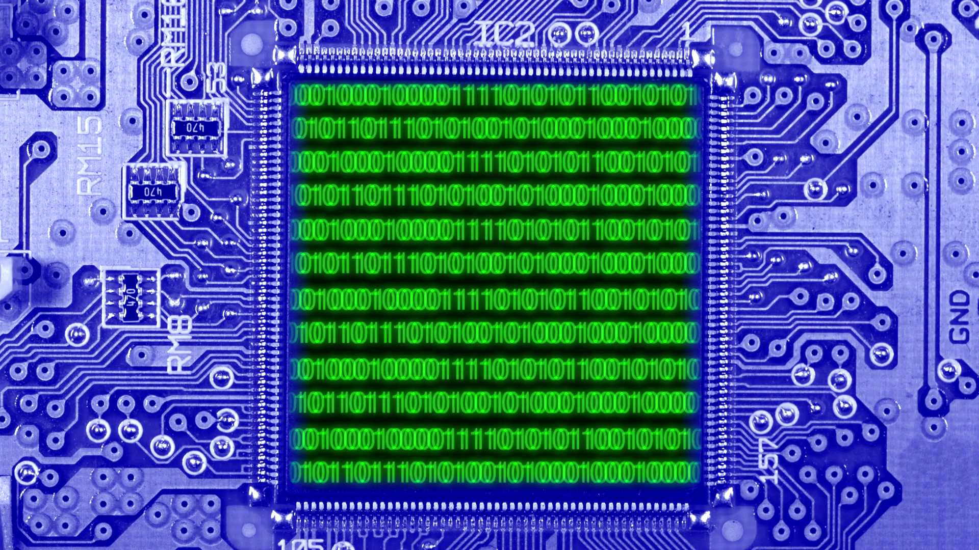 Close up of a computer circuit board with binary code displayed on a ...