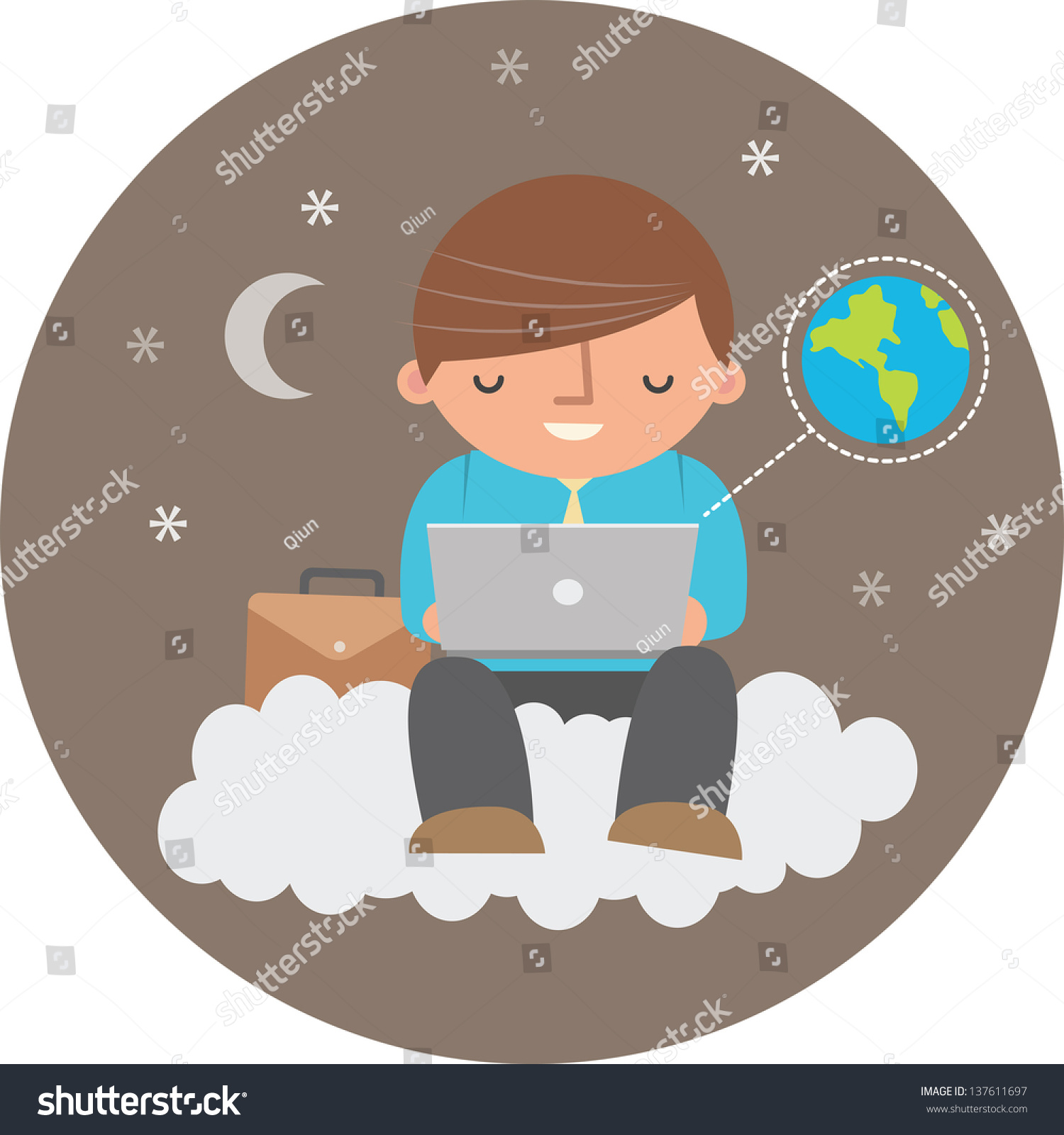Illustration Man Using Cloud Computing Night Stock Vector 137611697 ...
