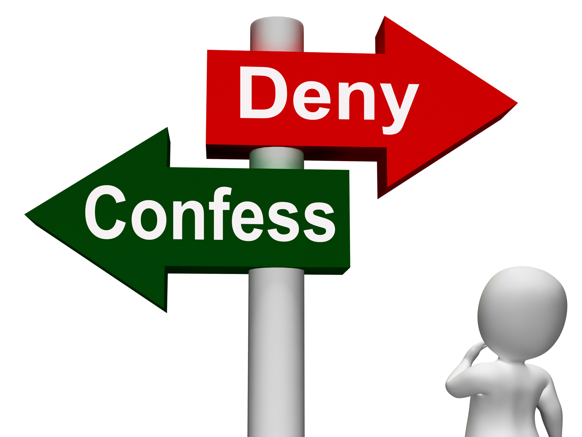 Confess deny signpost shows confessing or denying guilt innocence photo