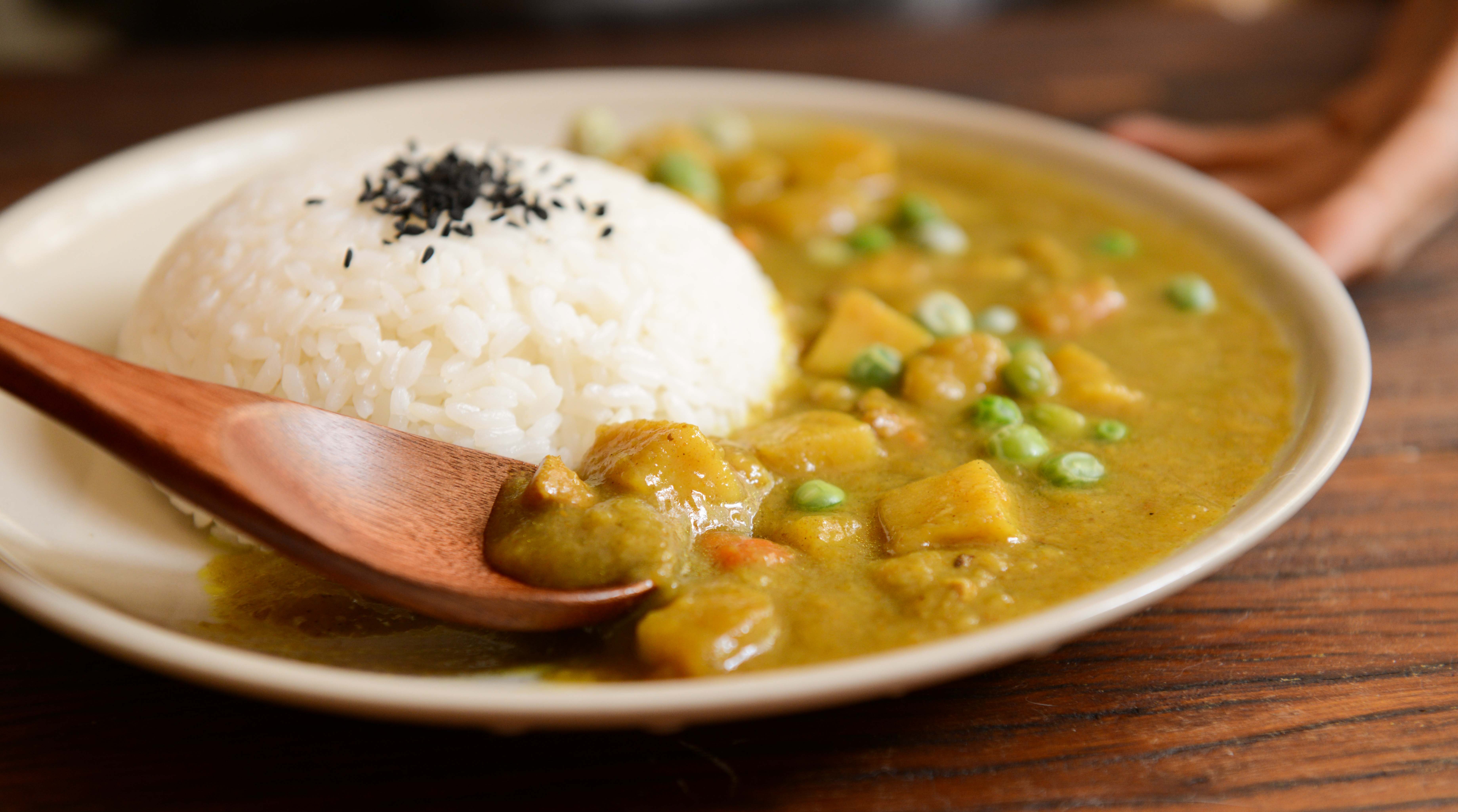 Cooked rice and curry food served on white plate photo