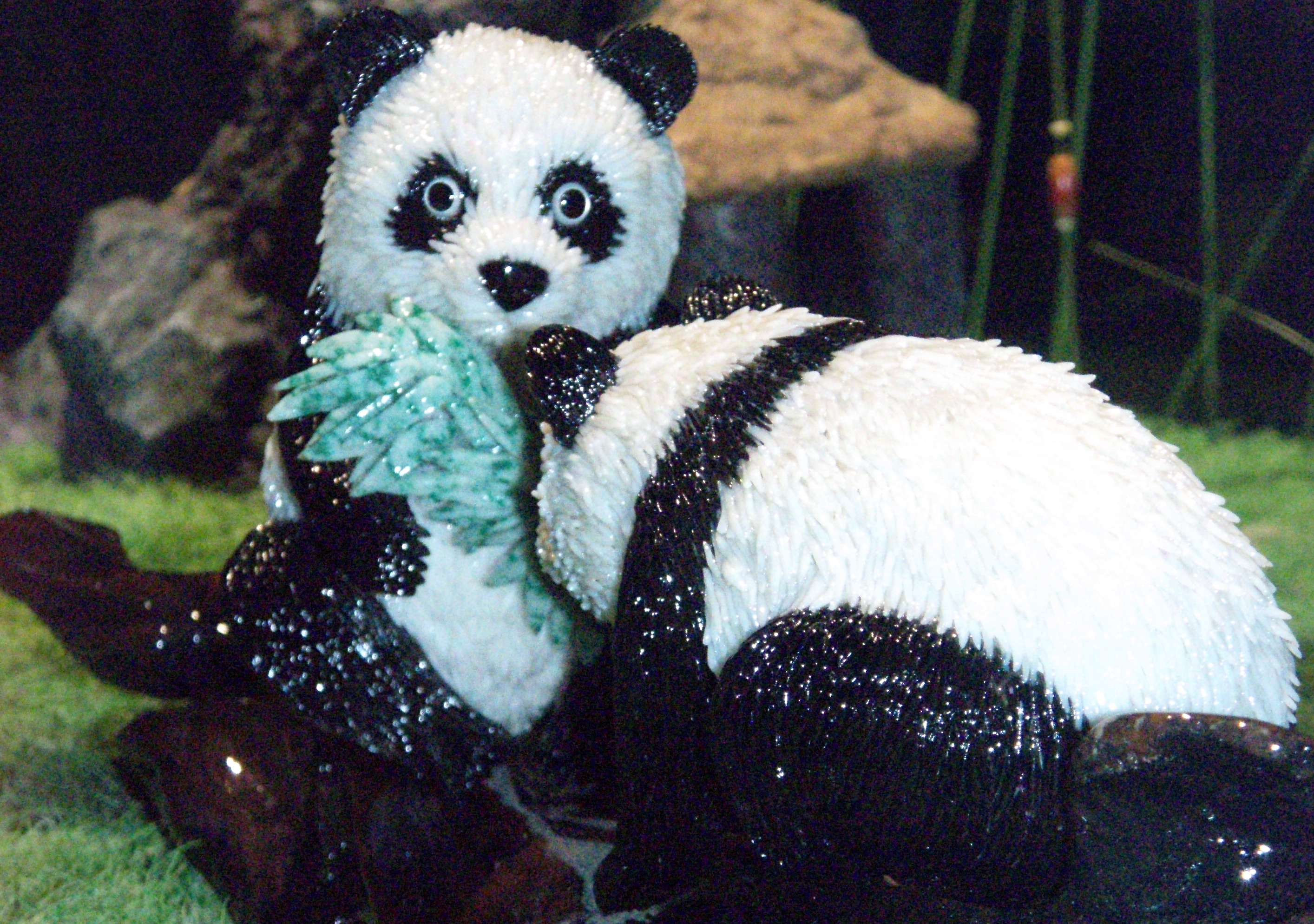 Coral panda statue behind glass photo