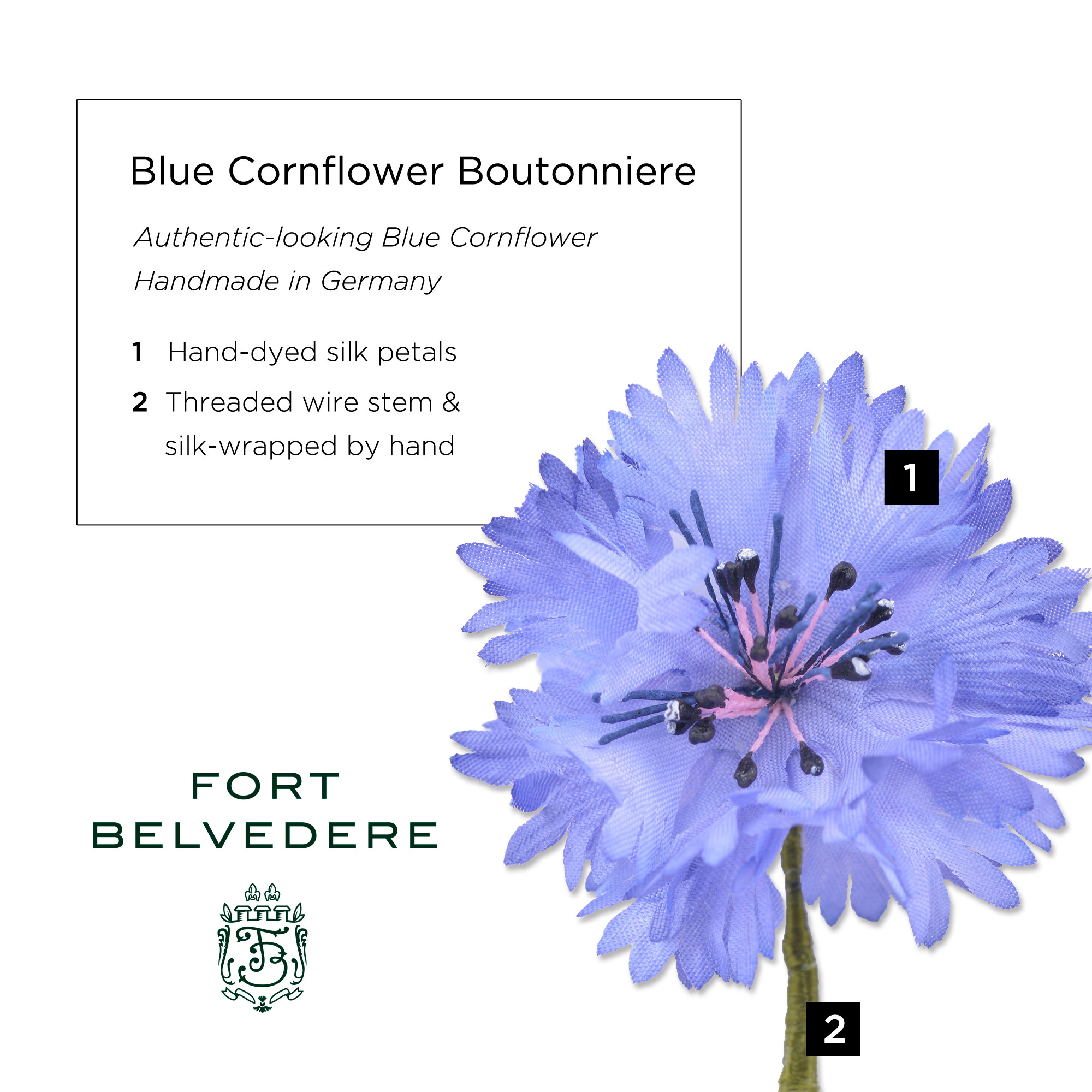 Cornflower Boutonniere Buttonhole Flower in Blue Silk by Fort Belvedere
