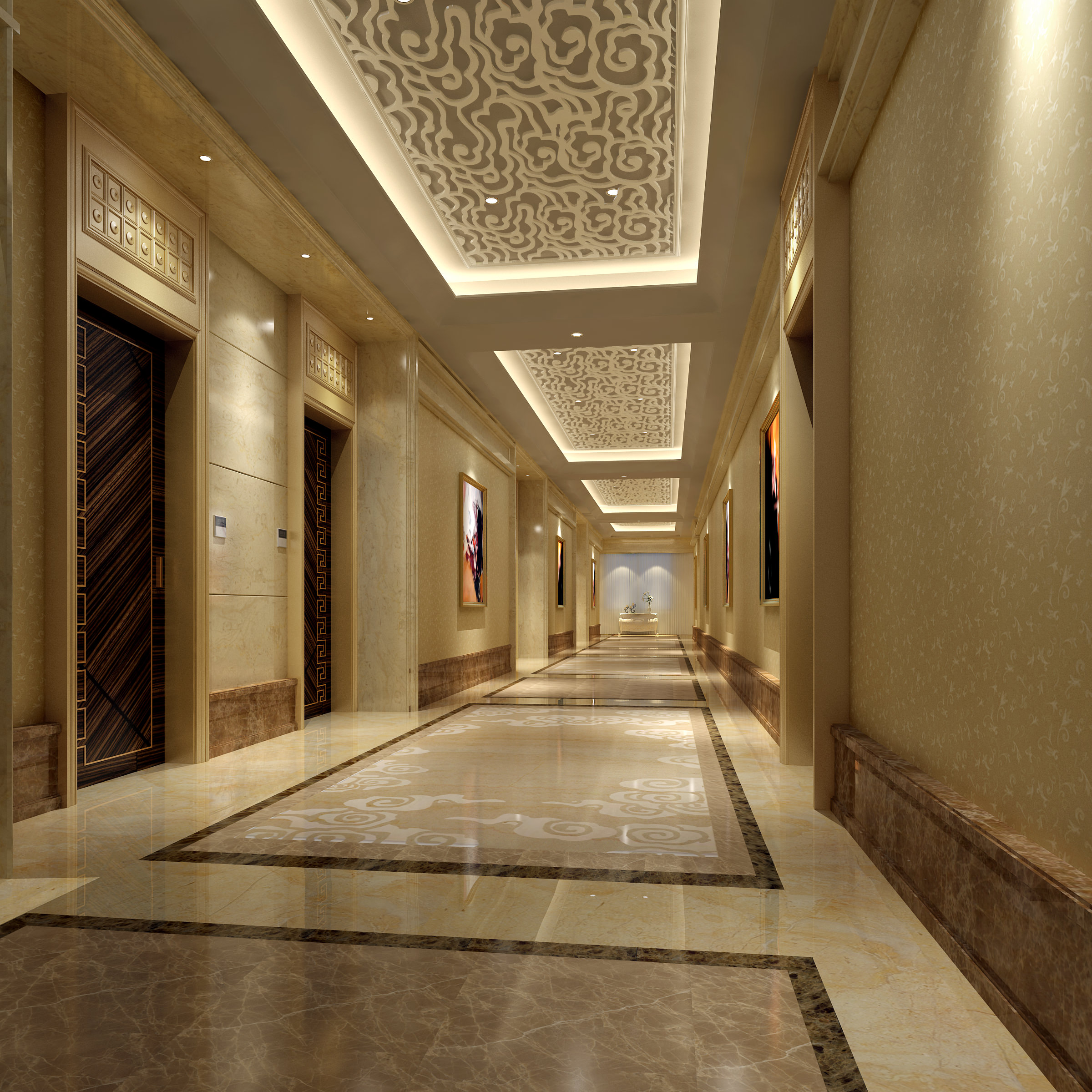 3D Corridor with Striped Designer Elevator | CGTrader