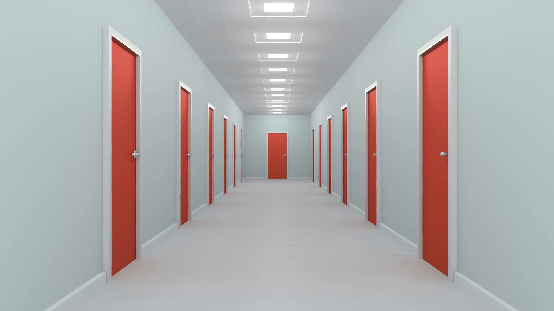Hallway with red doors. Animation of camera moving through corridor ...