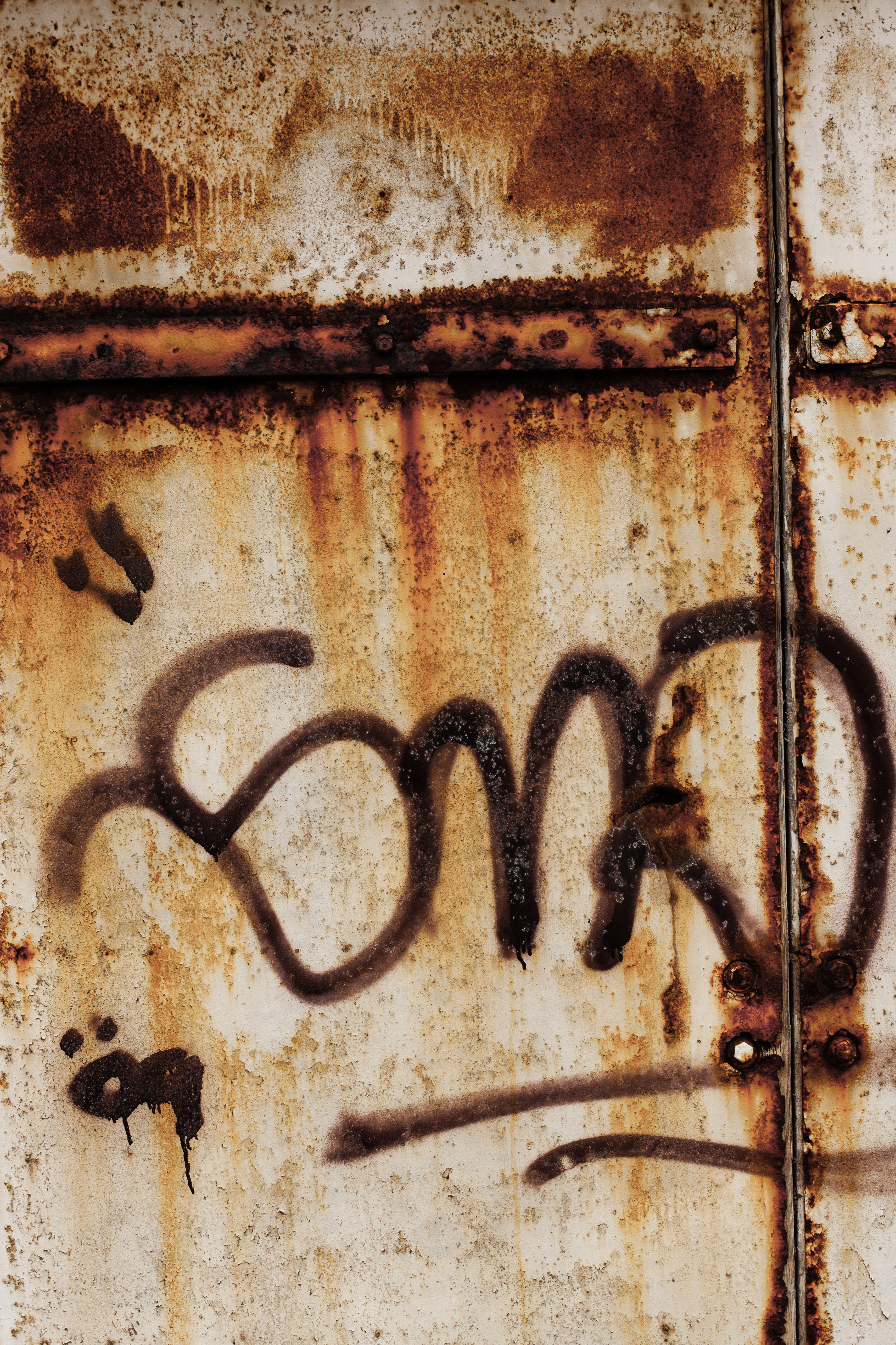 Corroded metal fence with graffiti photo
