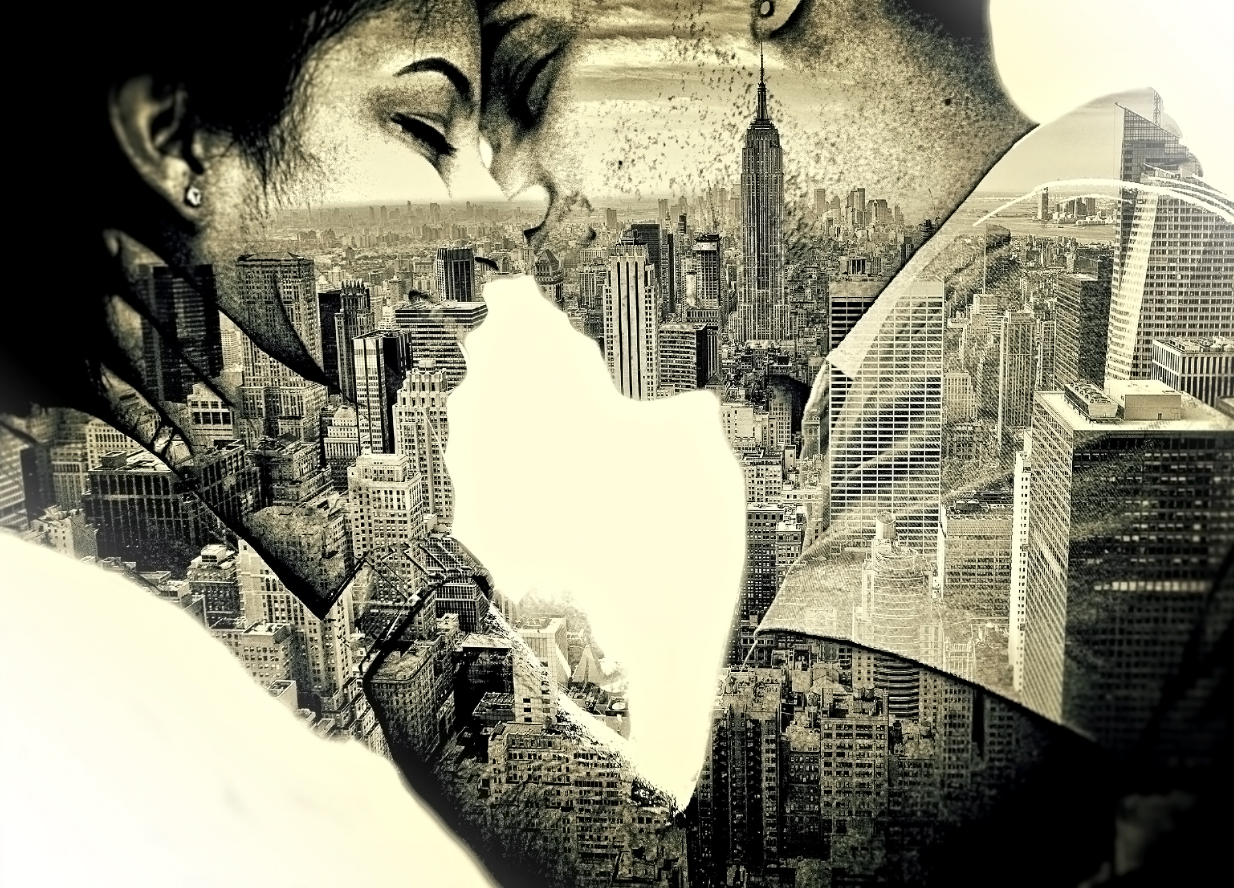 Couple in love Kissing over New York - Double Exposure Effect, Antique, Sexy, Moment, New, HQ Photo