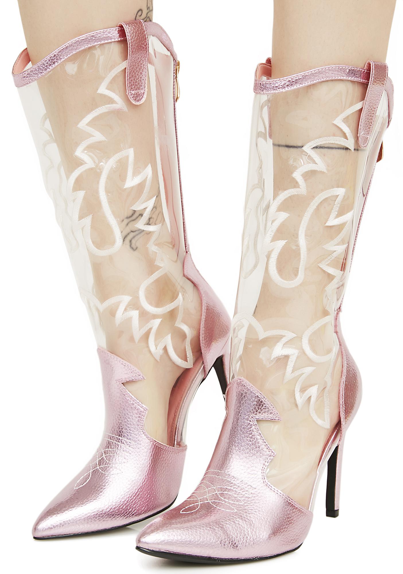 Clear Metallic Pink Cowboy Boots | Dolls Kill
