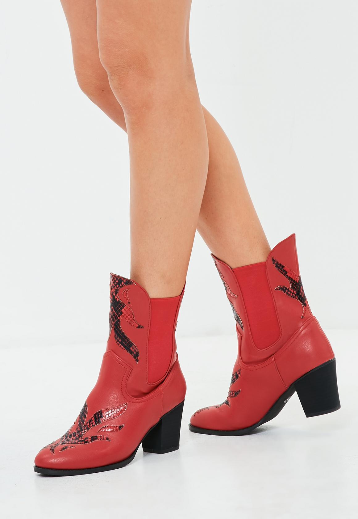 Red Snake Pattern Detail Cowboy Boots | Missguided
